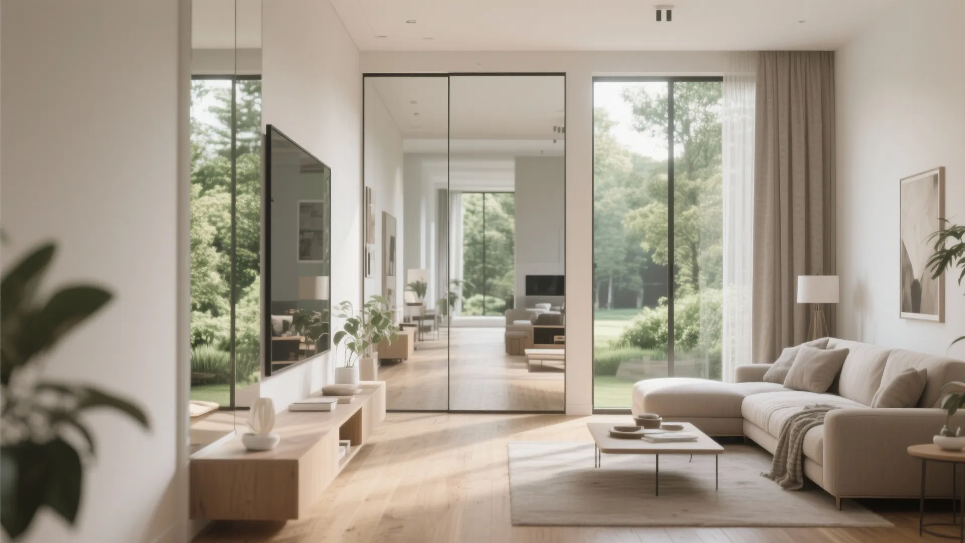 Modern living room with sofa, wooden cabinet, and large mirror reflecting garden through glass windows.