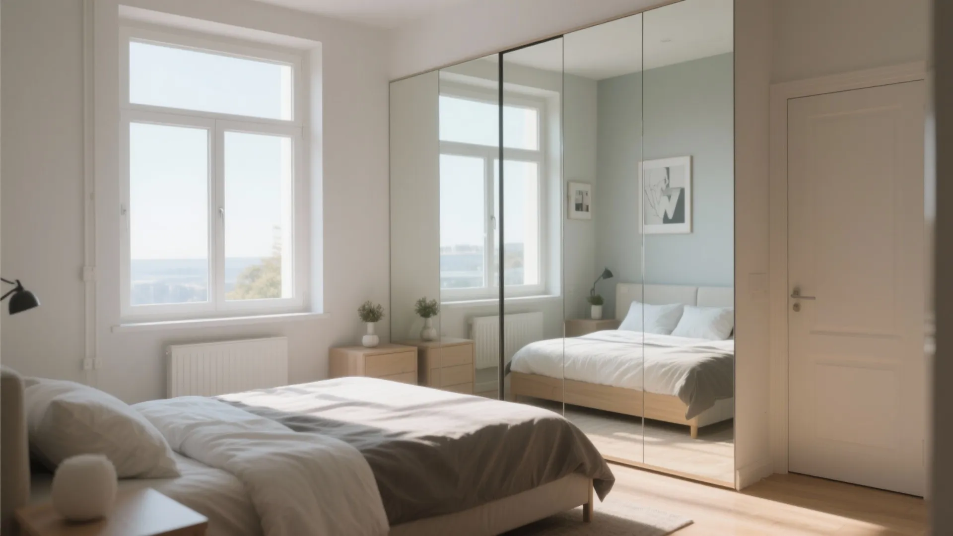 Floor-to-ceiling mirror reflecting window light in bedroom