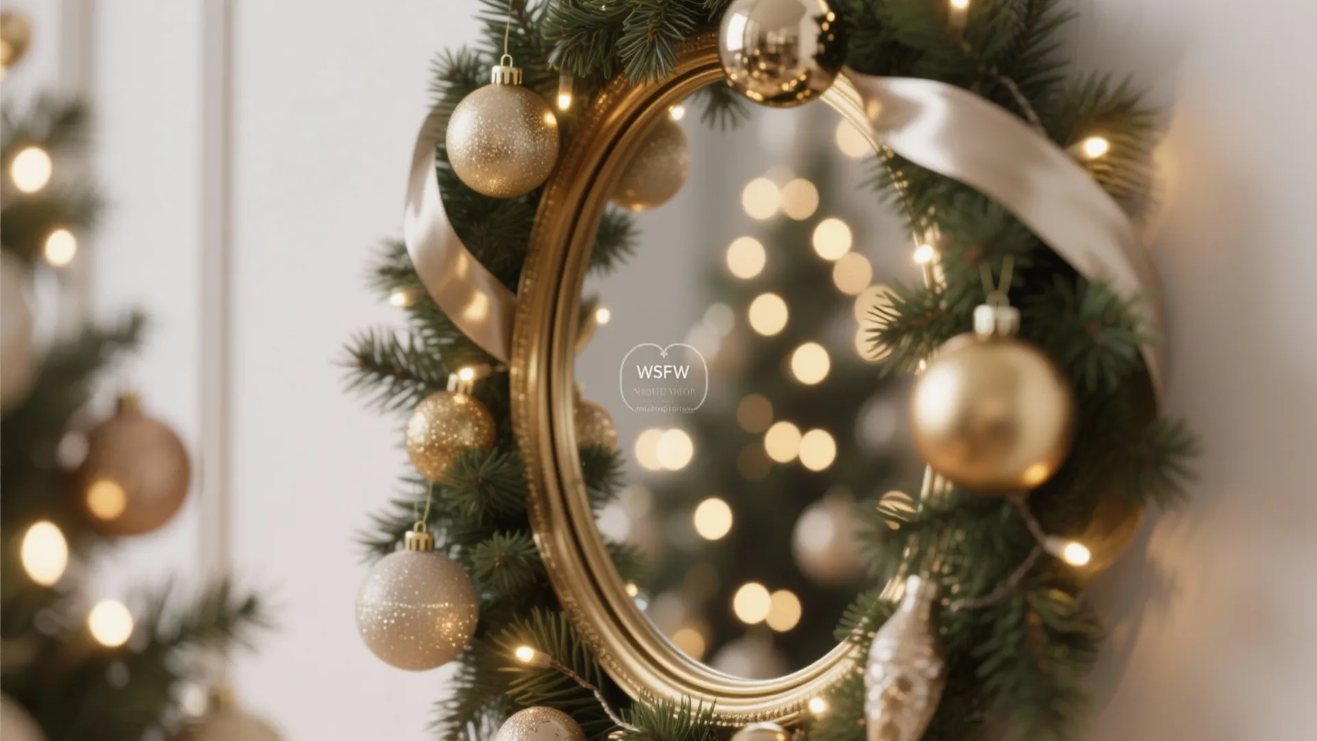 Close up of an oval gold mirror surrounded by a green wreath with sparkling gold ornaments