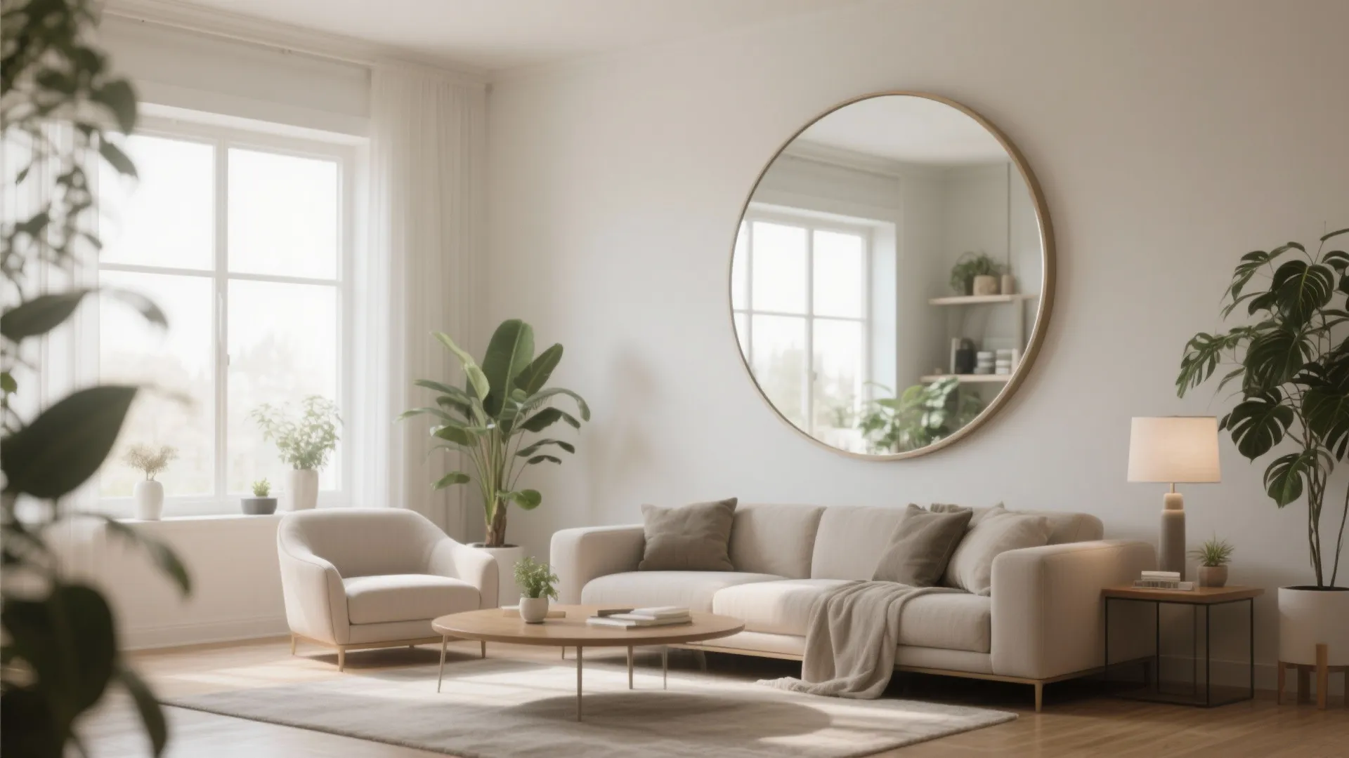 Modern bright living room with large round wall mirror beige sofa wooden table and indoor plants