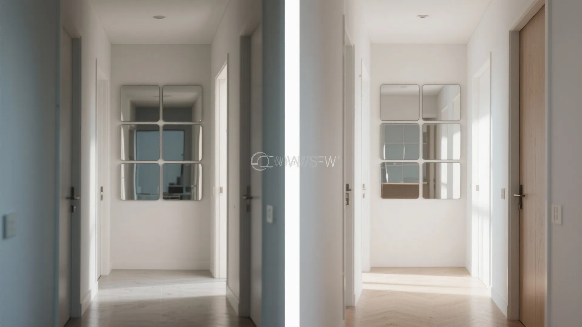 Before and after comparison of narrow hallway lighting showing brighter white walls and wood floor