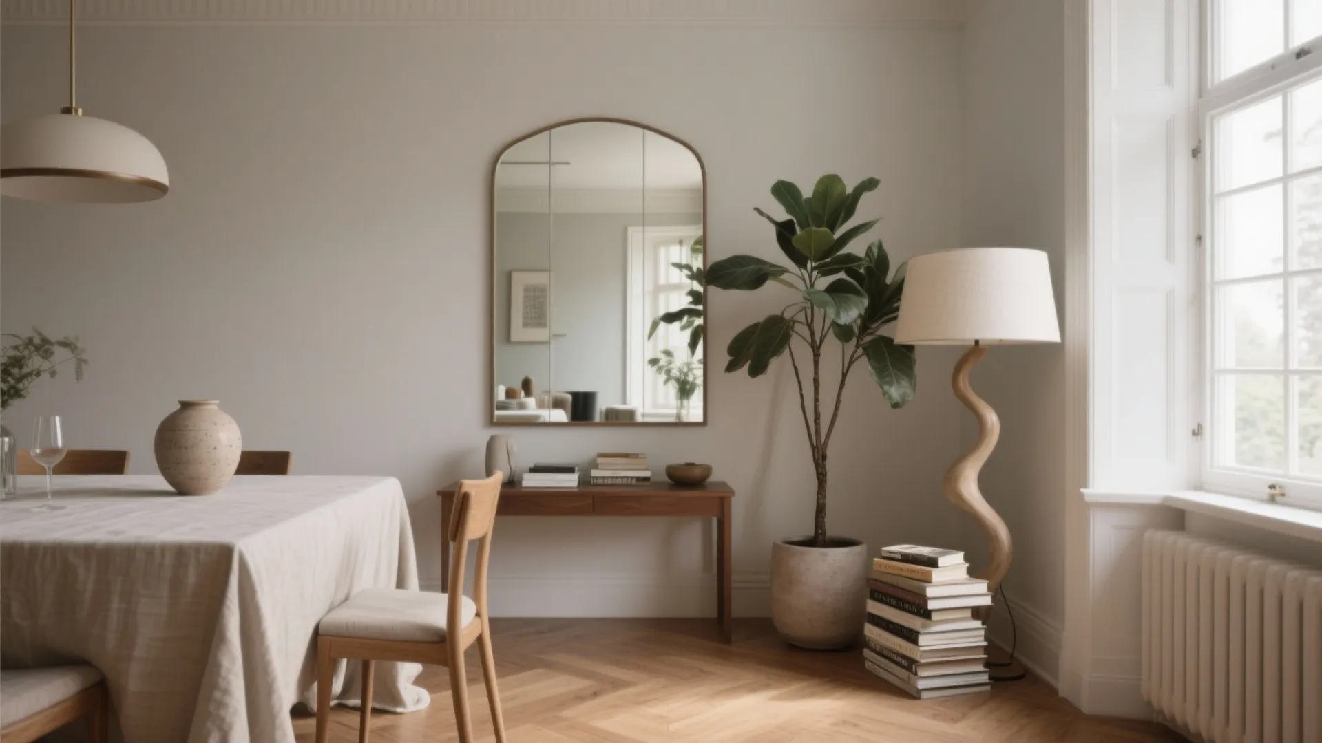 Minimalist dining room with arched wall mirror wooden cabinet green plant floor lamp and window