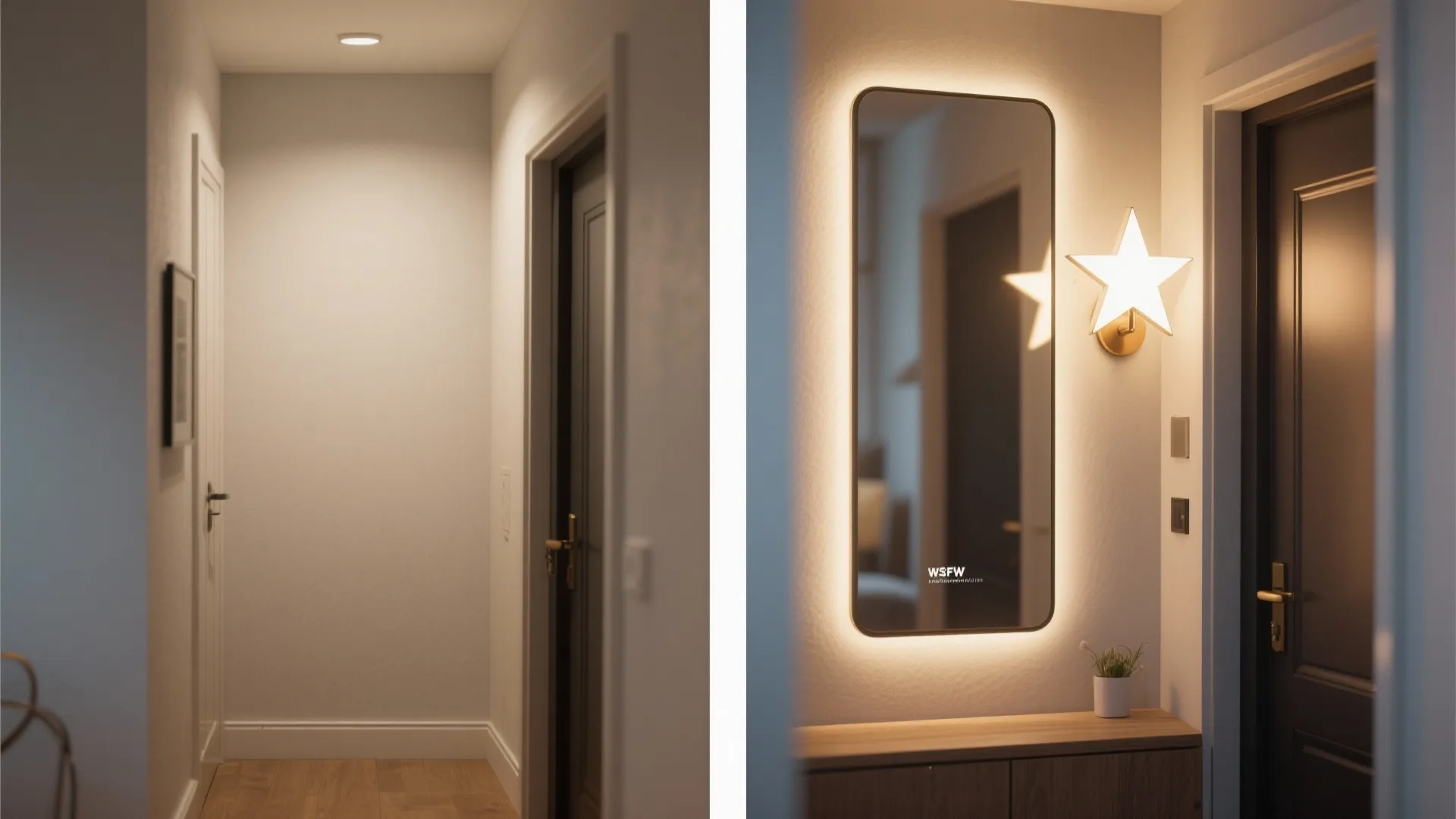 Side by side comparison of a plain hallway and one with a glowing star wall light