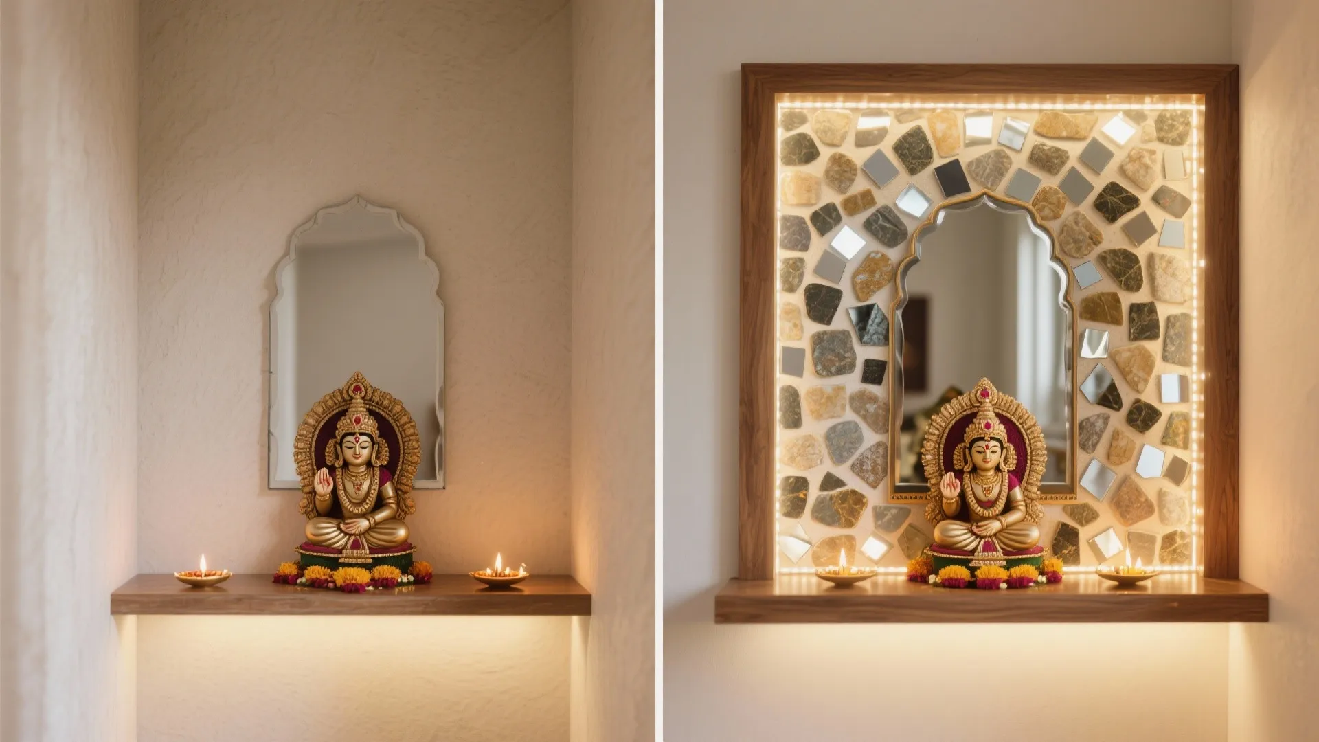 Small temple alcove upgraded with a framed mirror-stone mosaic accent panel and warm LED bounce lighting.