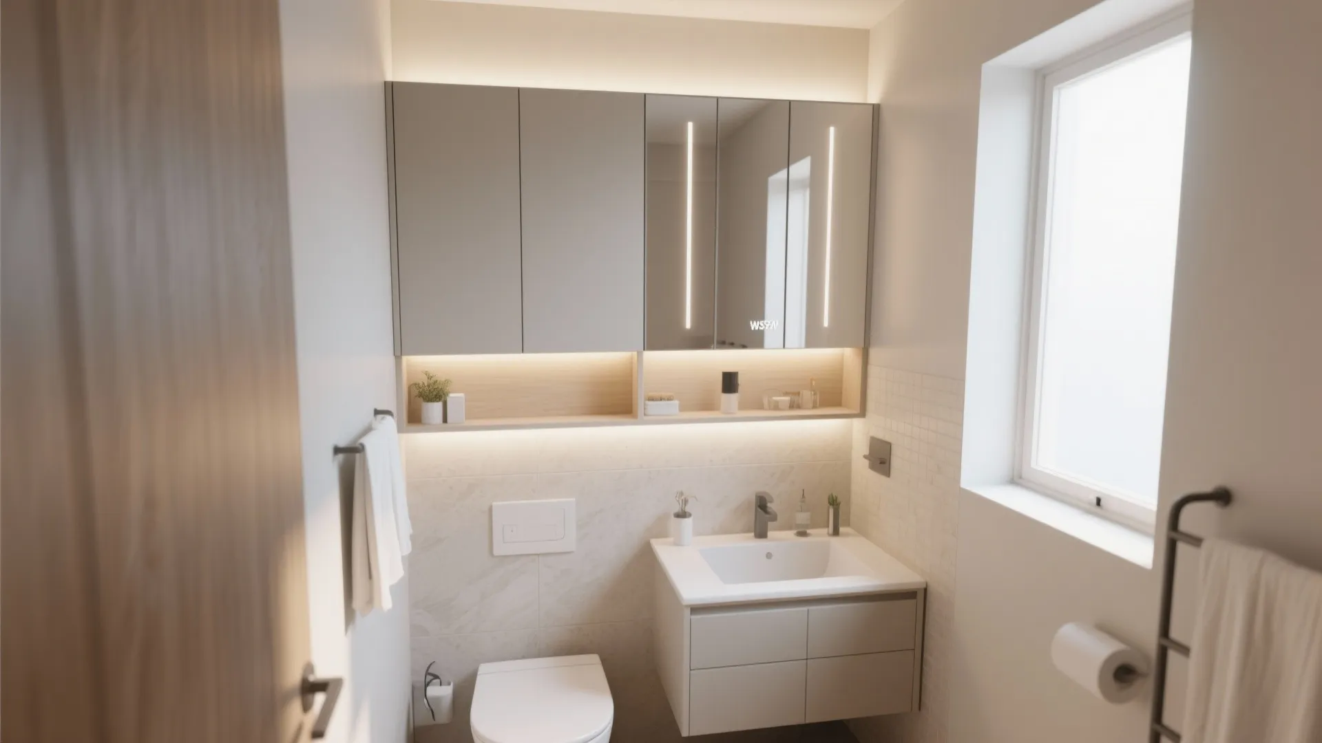 Modern bathroom featuring gray cabinet with mirror doors light wood shelf white sink and toilet
