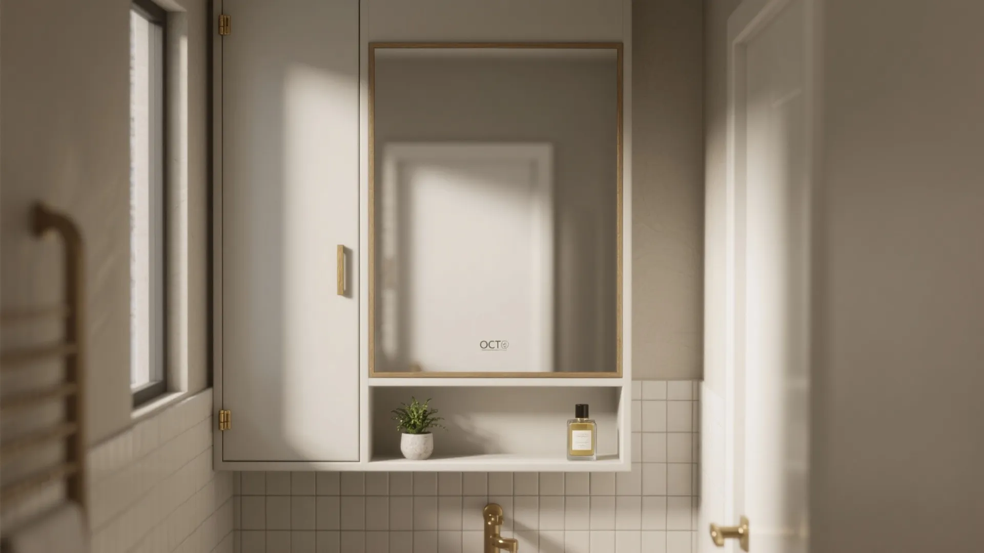 White bathroom cabinet with mirror shelf holding small plant and perfume bottle over white tiles