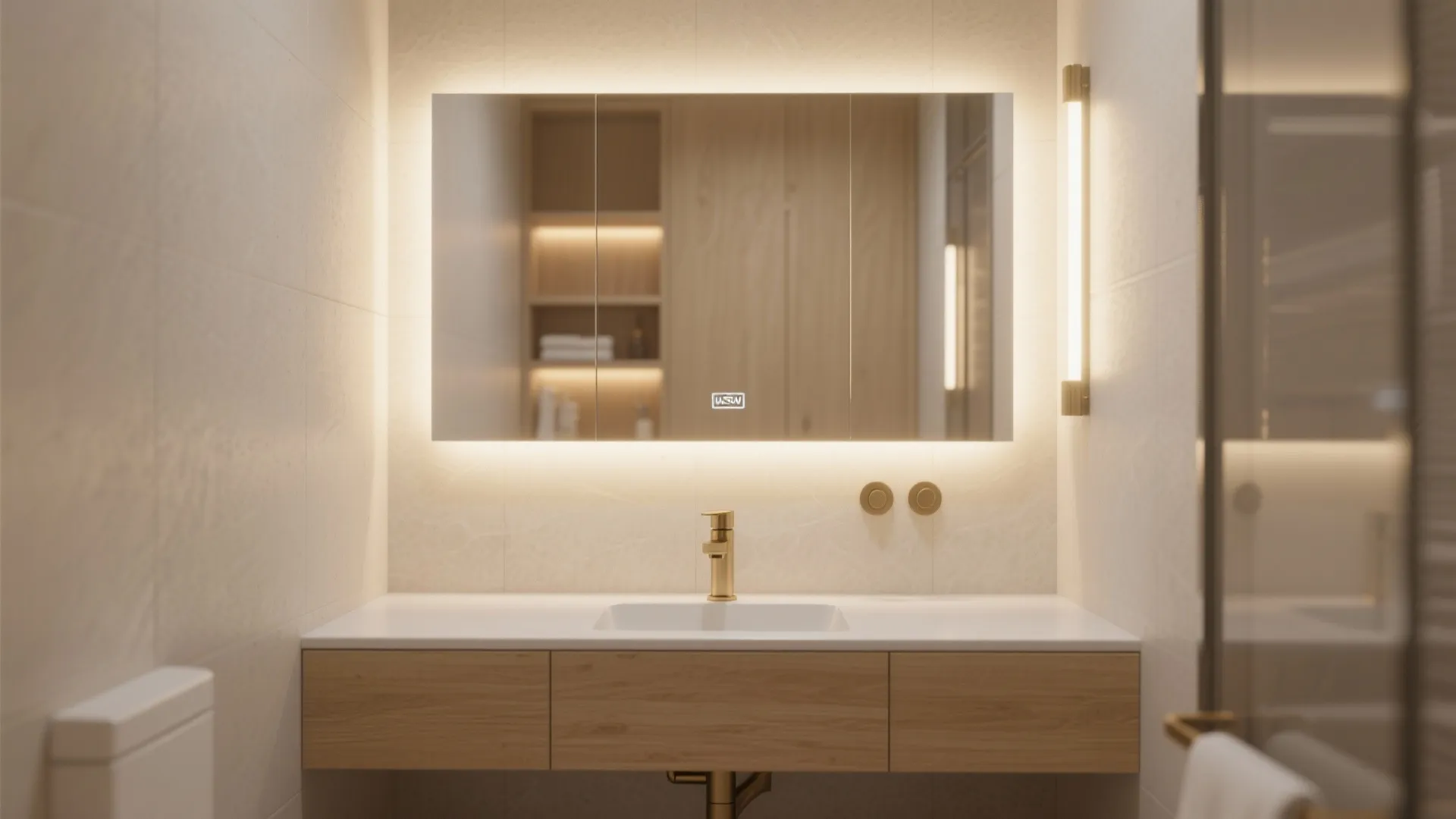 Mirror Wall with Hidden Storage and Layered Light