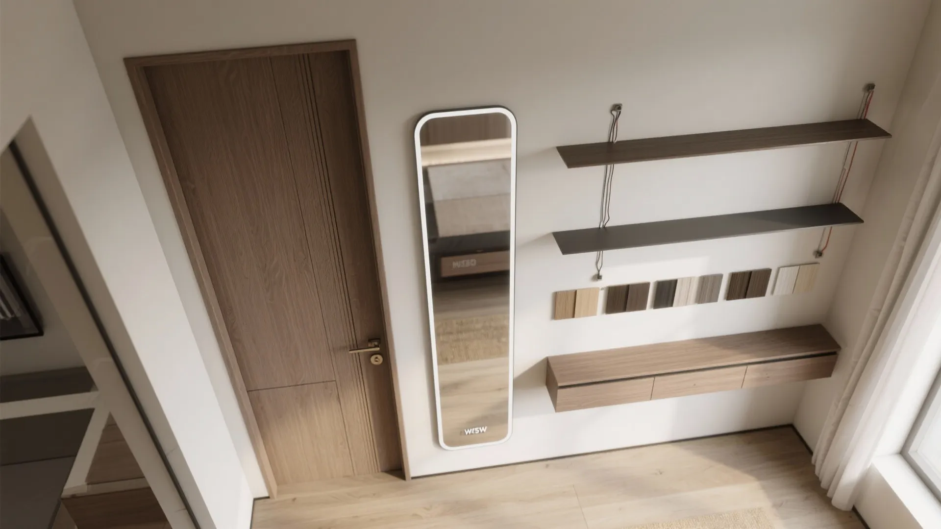 Modern bedroom with wooden door full length mirror wall shelves and wooden cabinet for room storage