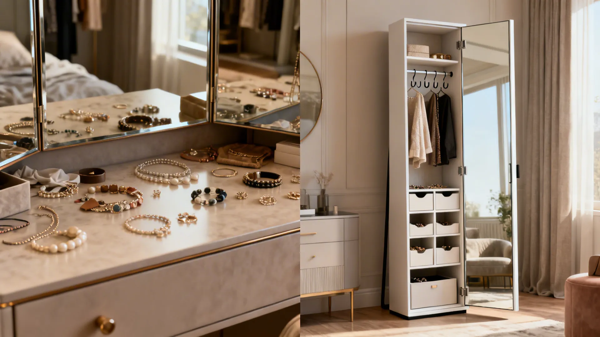 Before-and-after view: messy dresser versus freestanding mirror cabinet with hidden jewelry storage.