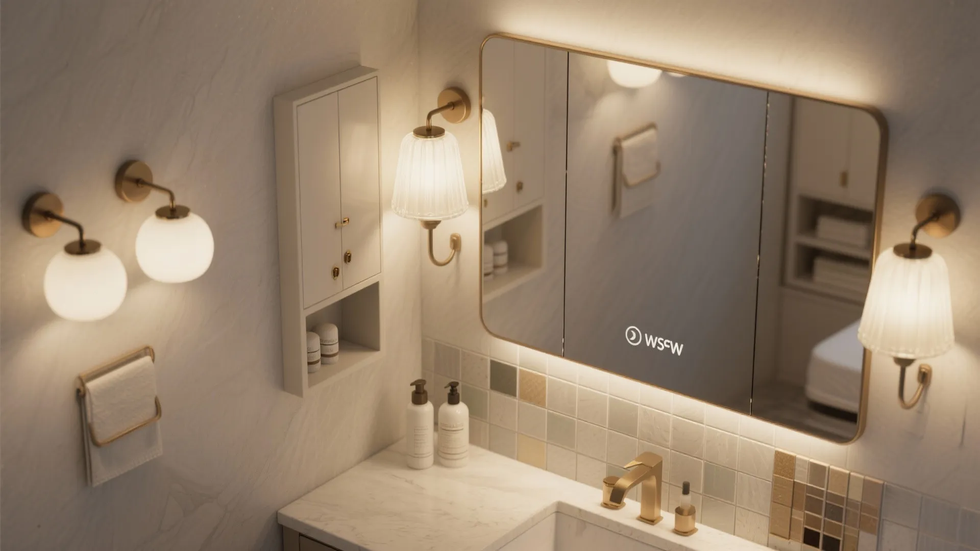 White bathroom wall with gold faucet marble sink illuminated mirror small cabinet and warm wall lights