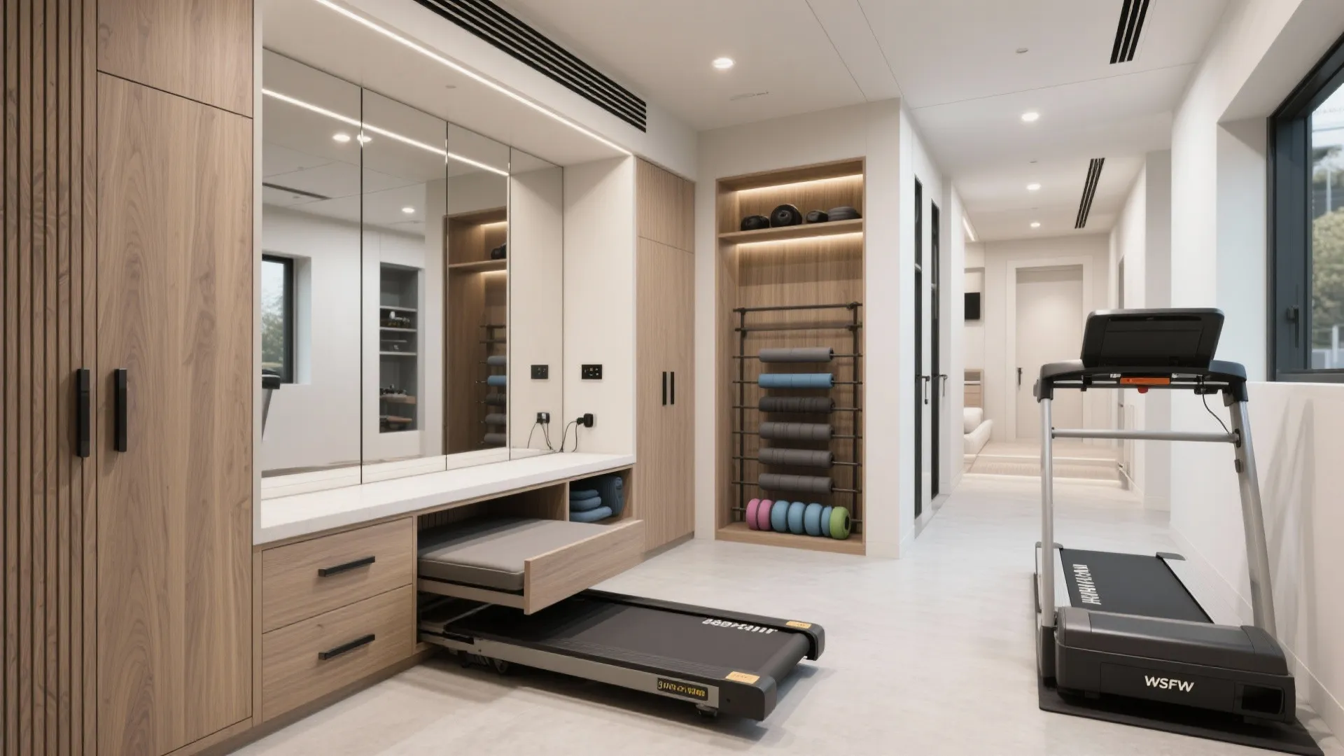 Modern home gym with treadmill storage cabinets large wall mirror wood flooring and yoga equipment
