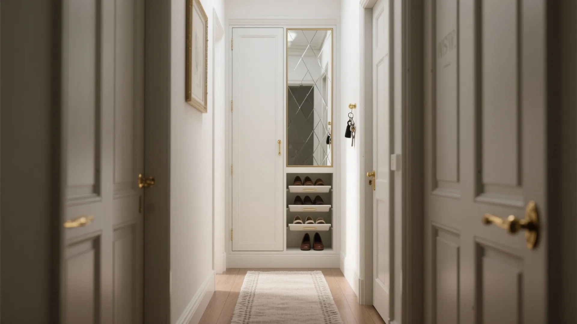 Tall beveled mirror cabinet in a narrow hall with concealed storage and brass hardware.