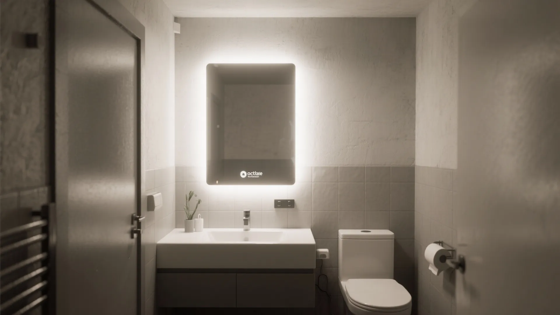 Small bathroom with glowing mirror white sink dark grey cabinet toilet and neutral wall tile finish