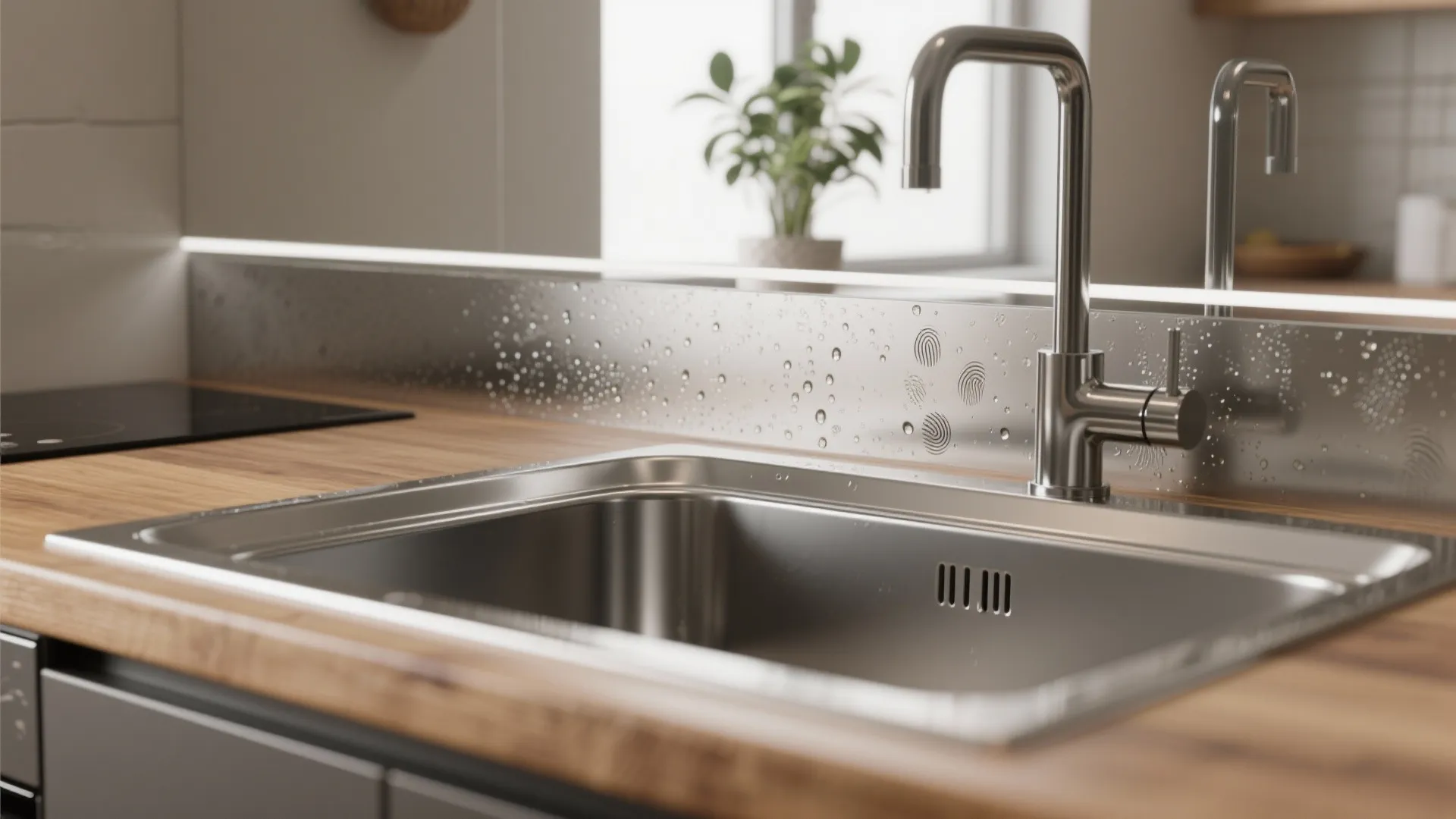 Modern kitchen sink with silver faucet on wood countertop and reflective metal wall panel with droplets