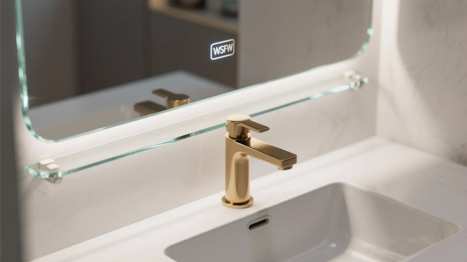 Gold bathroom tap on white sink with a lighted mirror and a small glass shelf