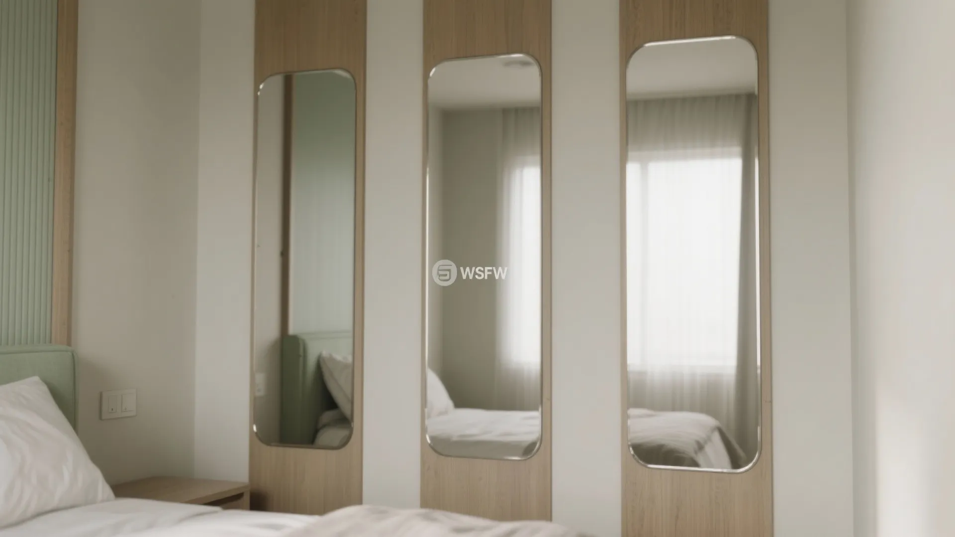 Three vertical mirrored strips with slim shadow gaps add height and rhythm to a tight room.