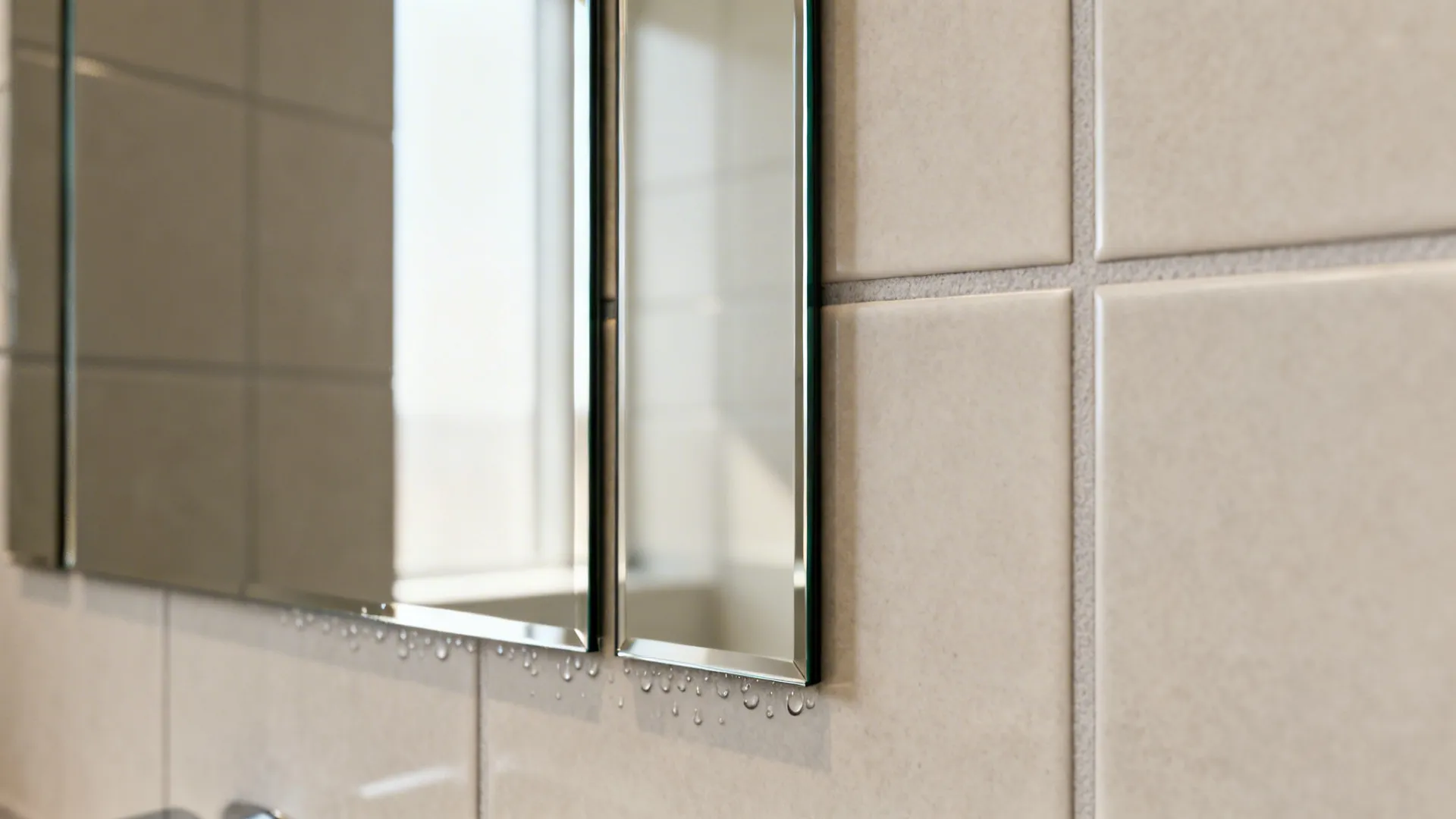 Narrow vertical mirror strips on tiled wall with subtle moisture detail.