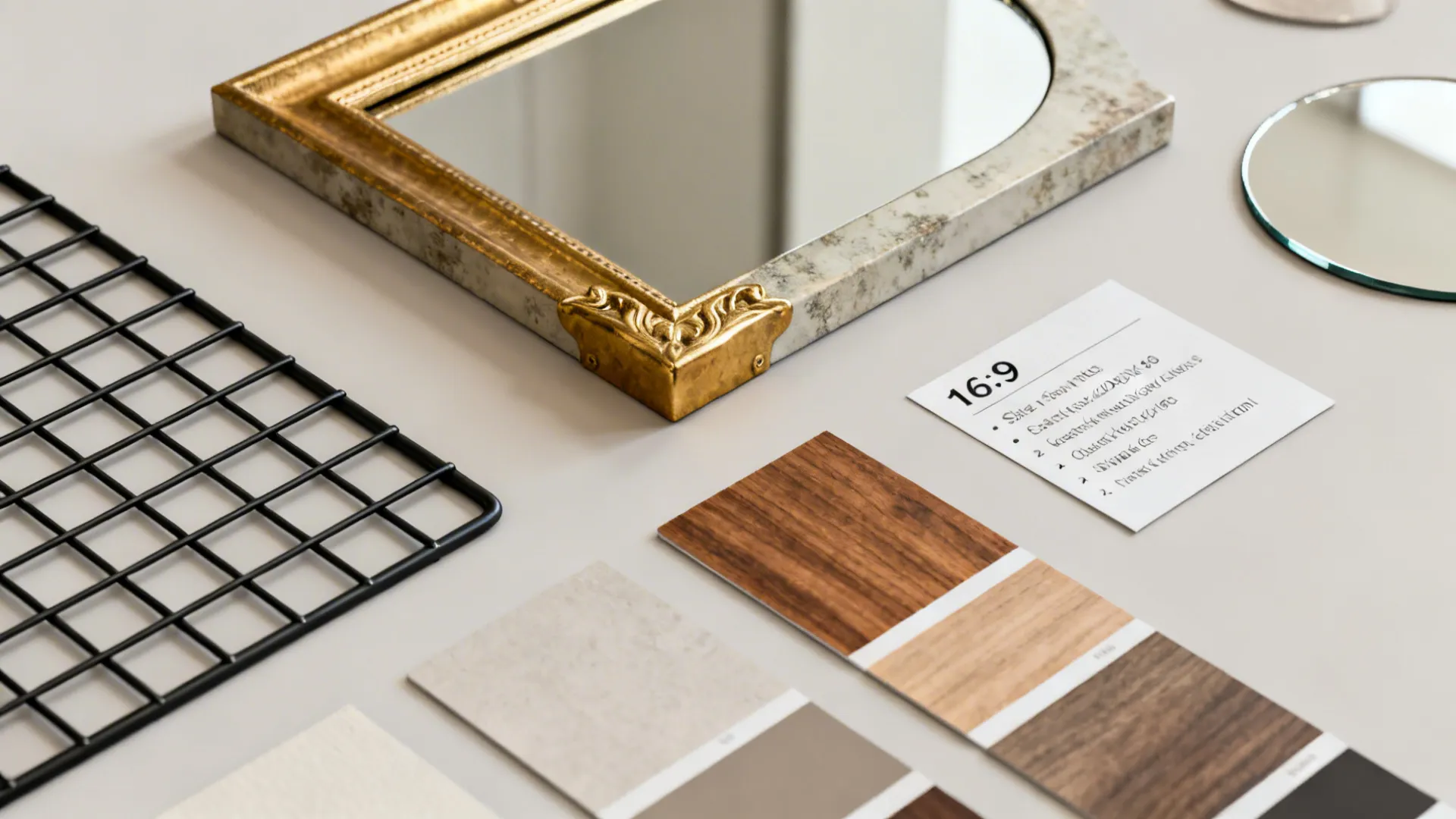 Flatlay of mirror style samples and material swatches for dining room mirror selection