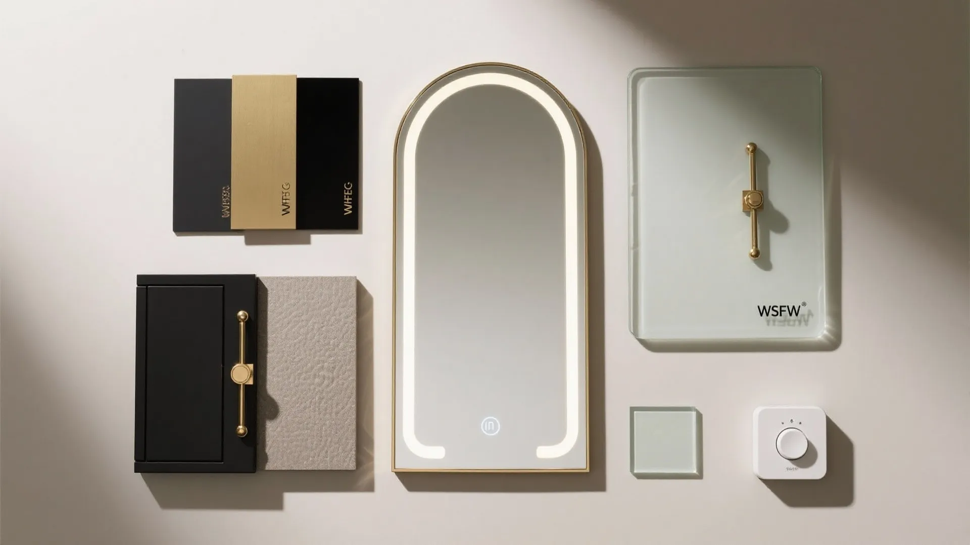 Interior design mood board with arched lighted mirror plus color swatches and small hardware items