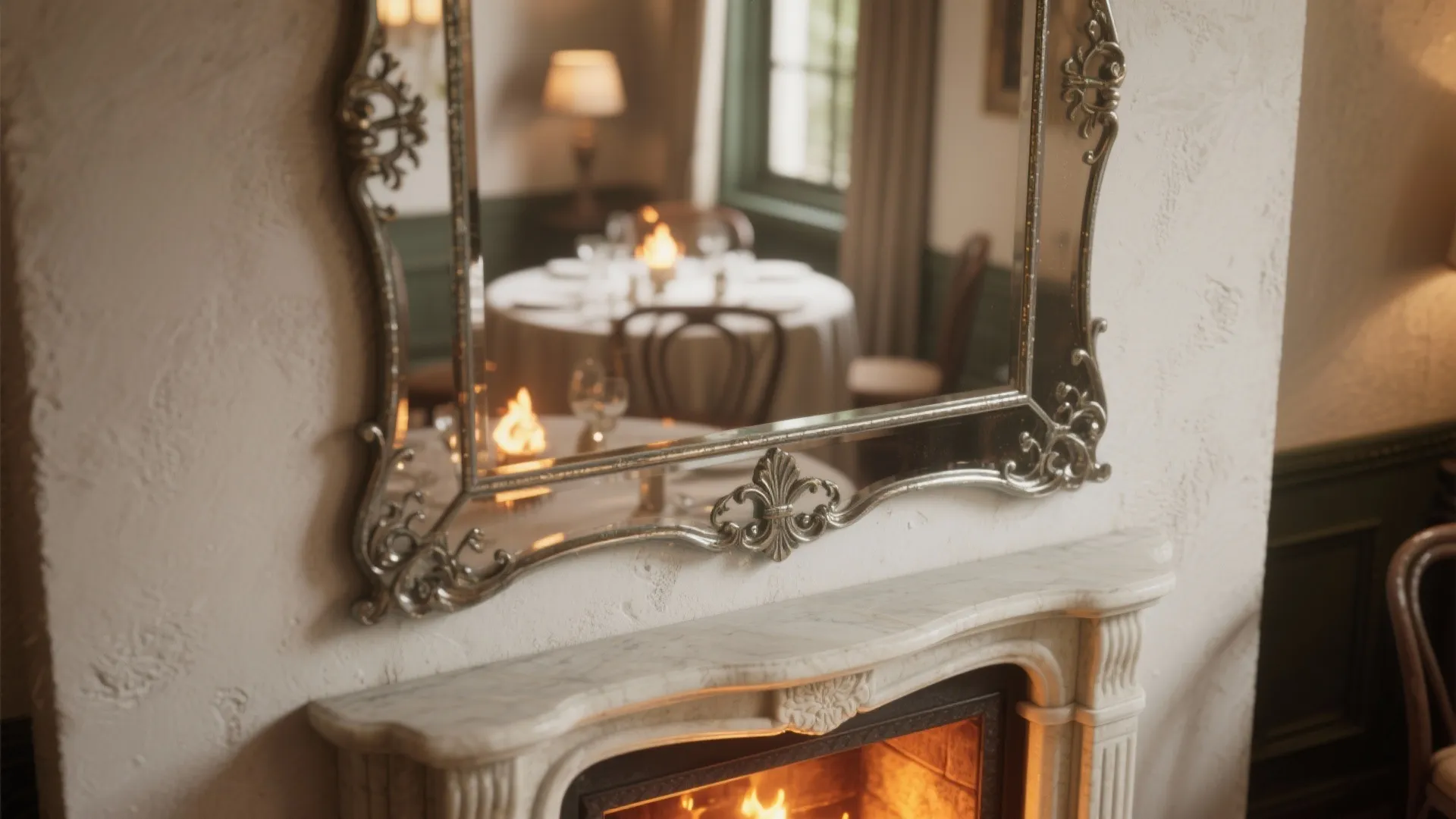 Ornate silver mirror hanging above a white marble fireplace reflecting a warm lit dining room scene