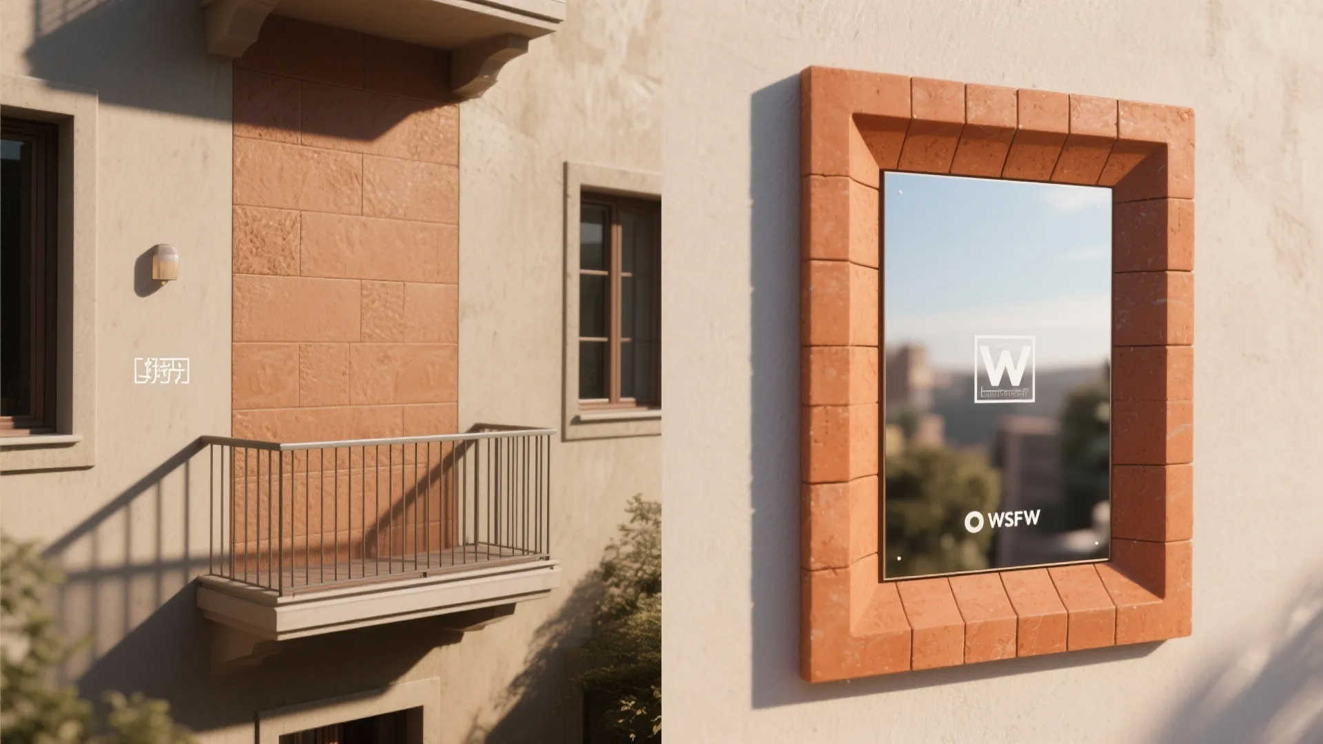 Exterior wall showing a balcony with metal railing alongside a window with orange brick frame