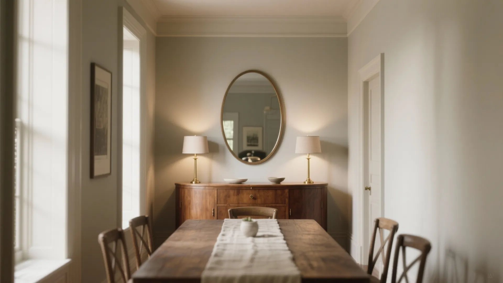 Symmetrical dining room design with a wooden table plus a wooden cabinet and oval wall mirror