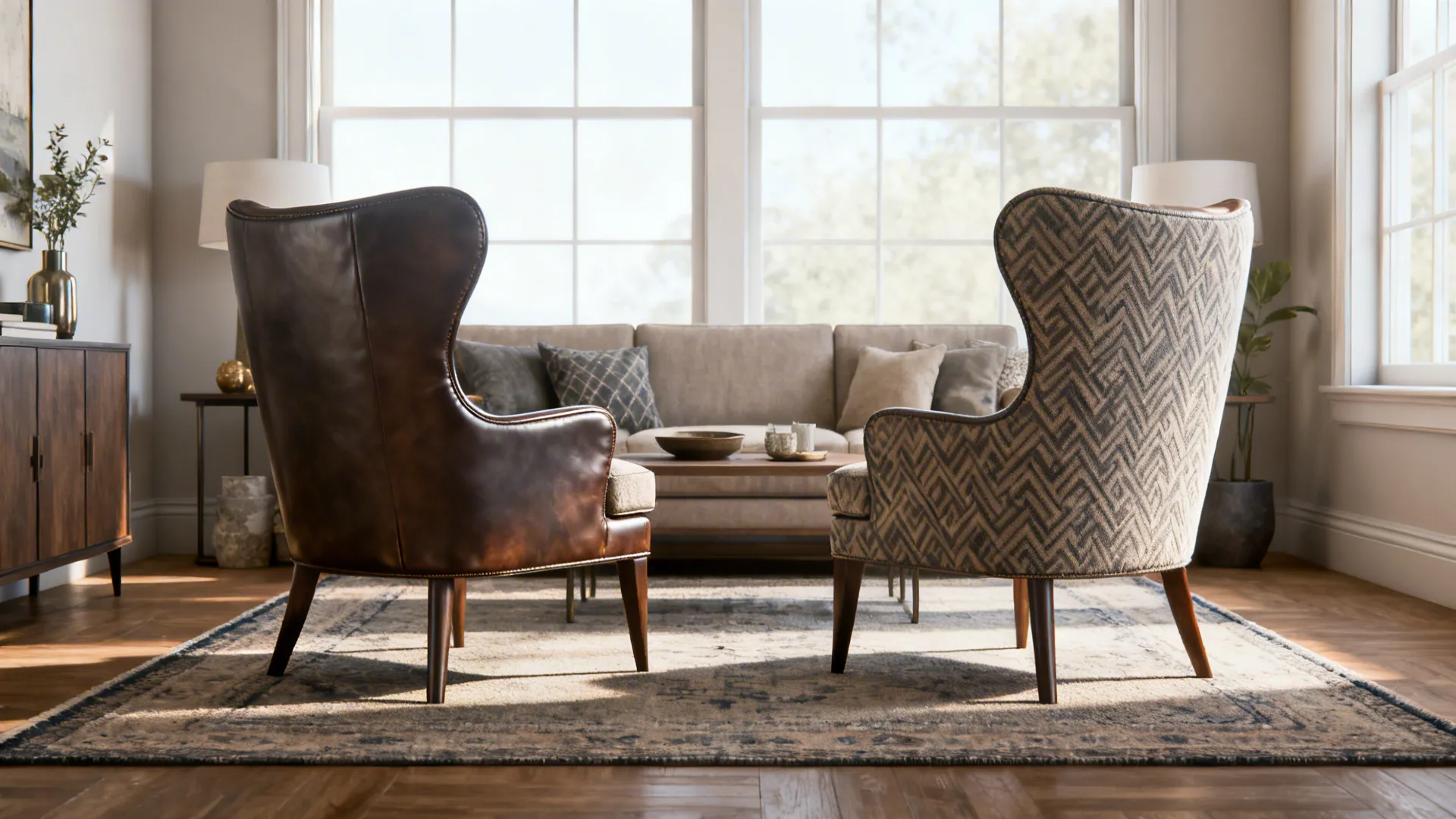 Two matching-silhouette chairs with different fabrics facing a sofa over a centered rug in a small living room.