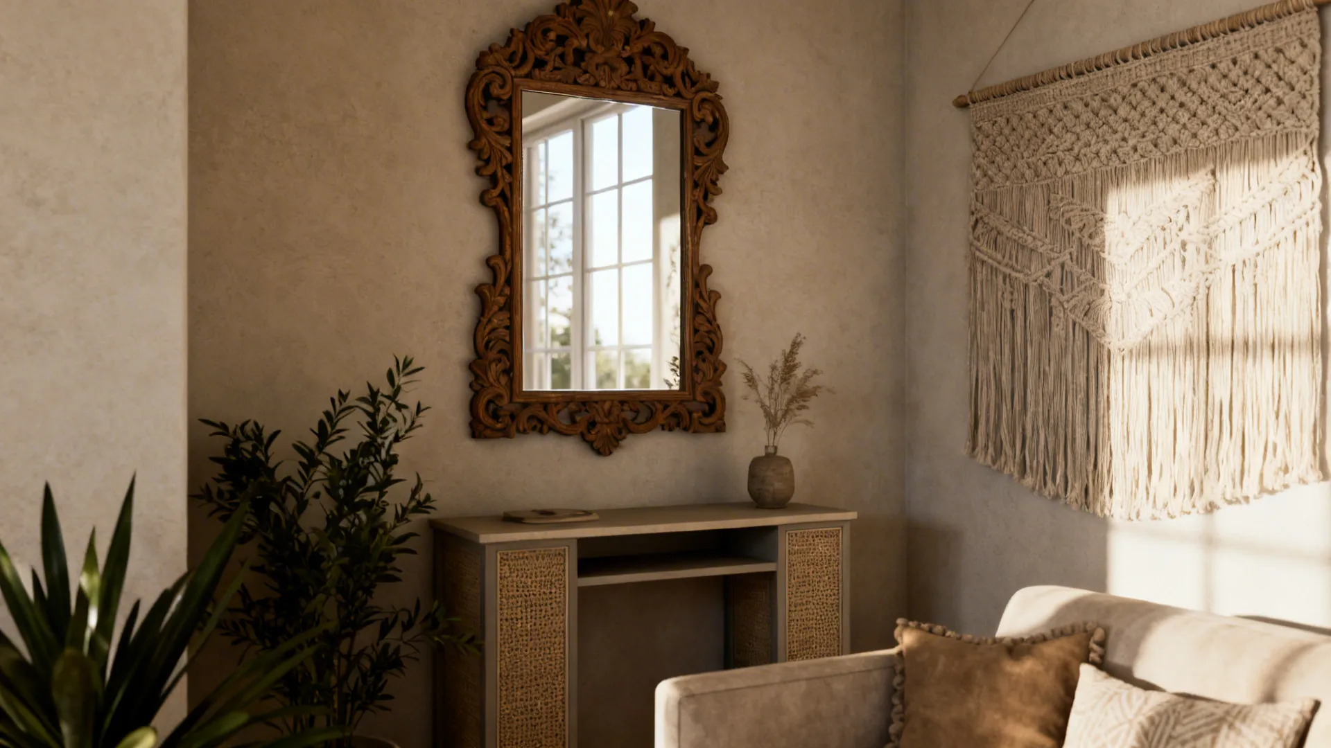 Carved mirror above a console and a textured tapestry in a small living room corner