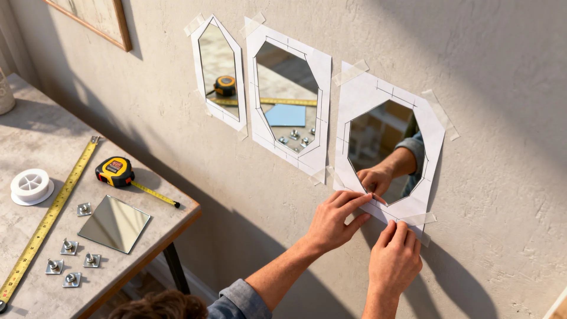 Person taping paper mirror templates to a wall with measuring tape and adhesive mounts nearby.