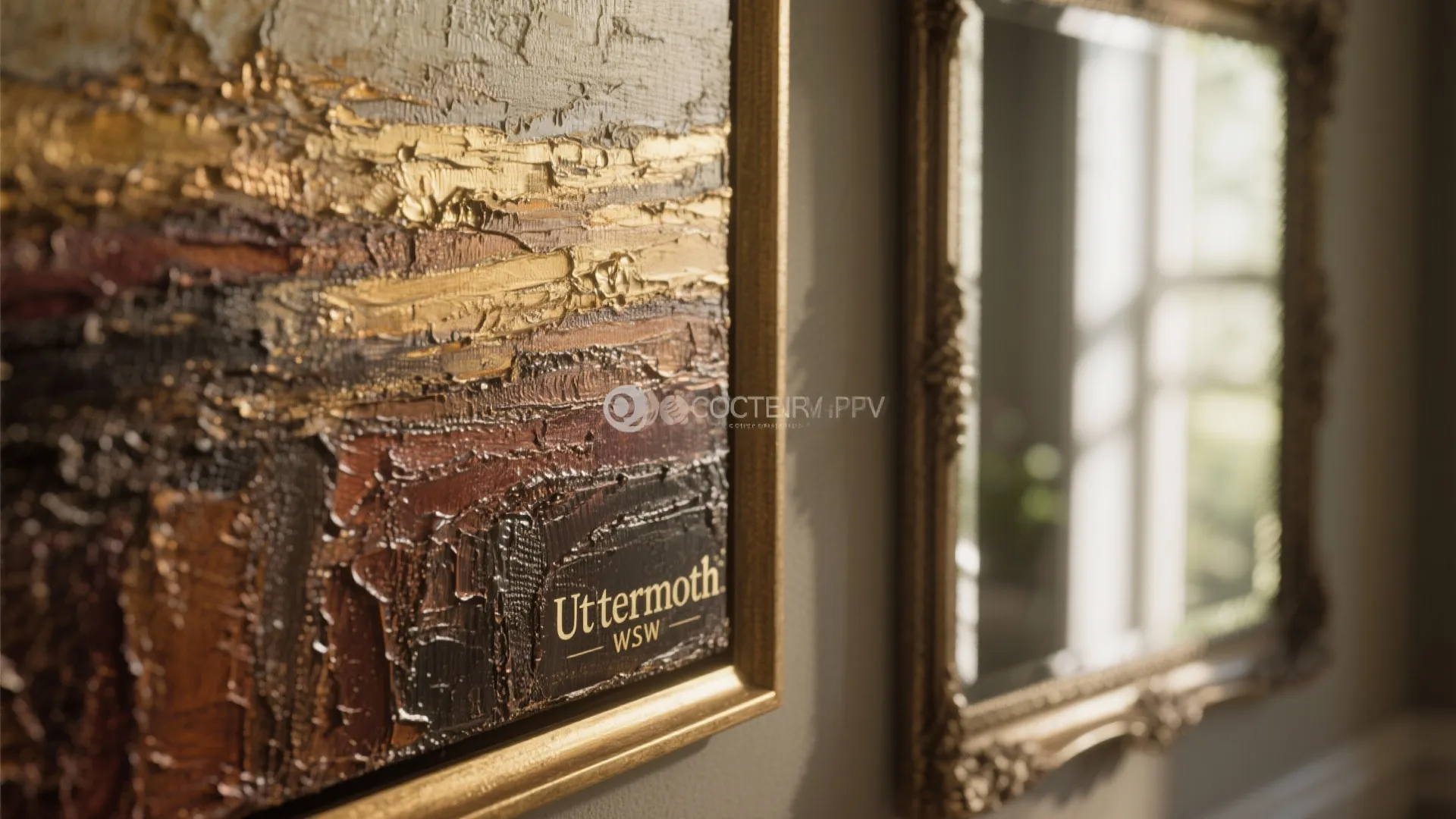 Close-up of a textured Uttermost painting reflected in a slim antique mirror, highlighting material detail.