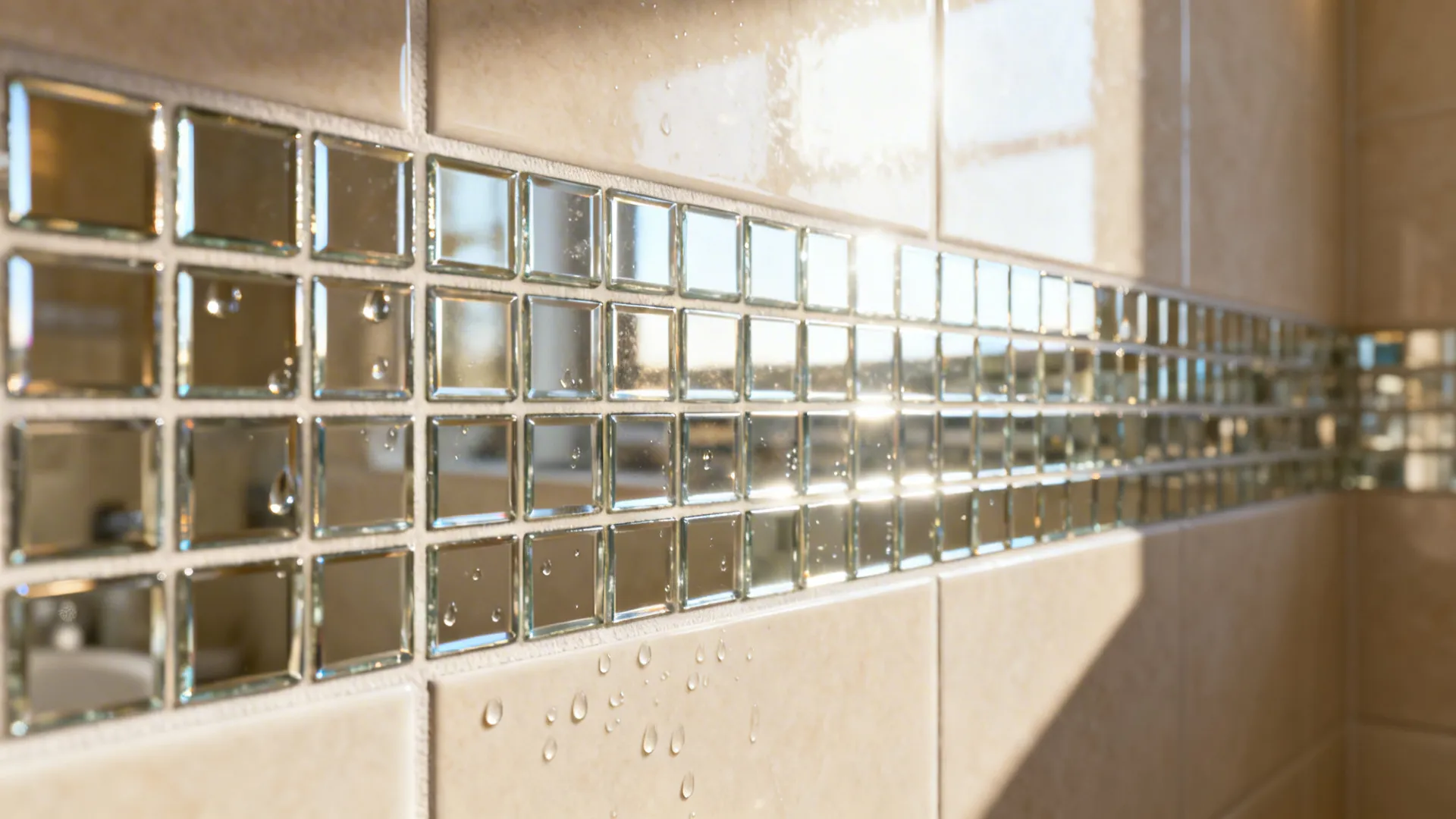 Close-up of a mirrored glass tile accent band reflecting light in a small bathroom