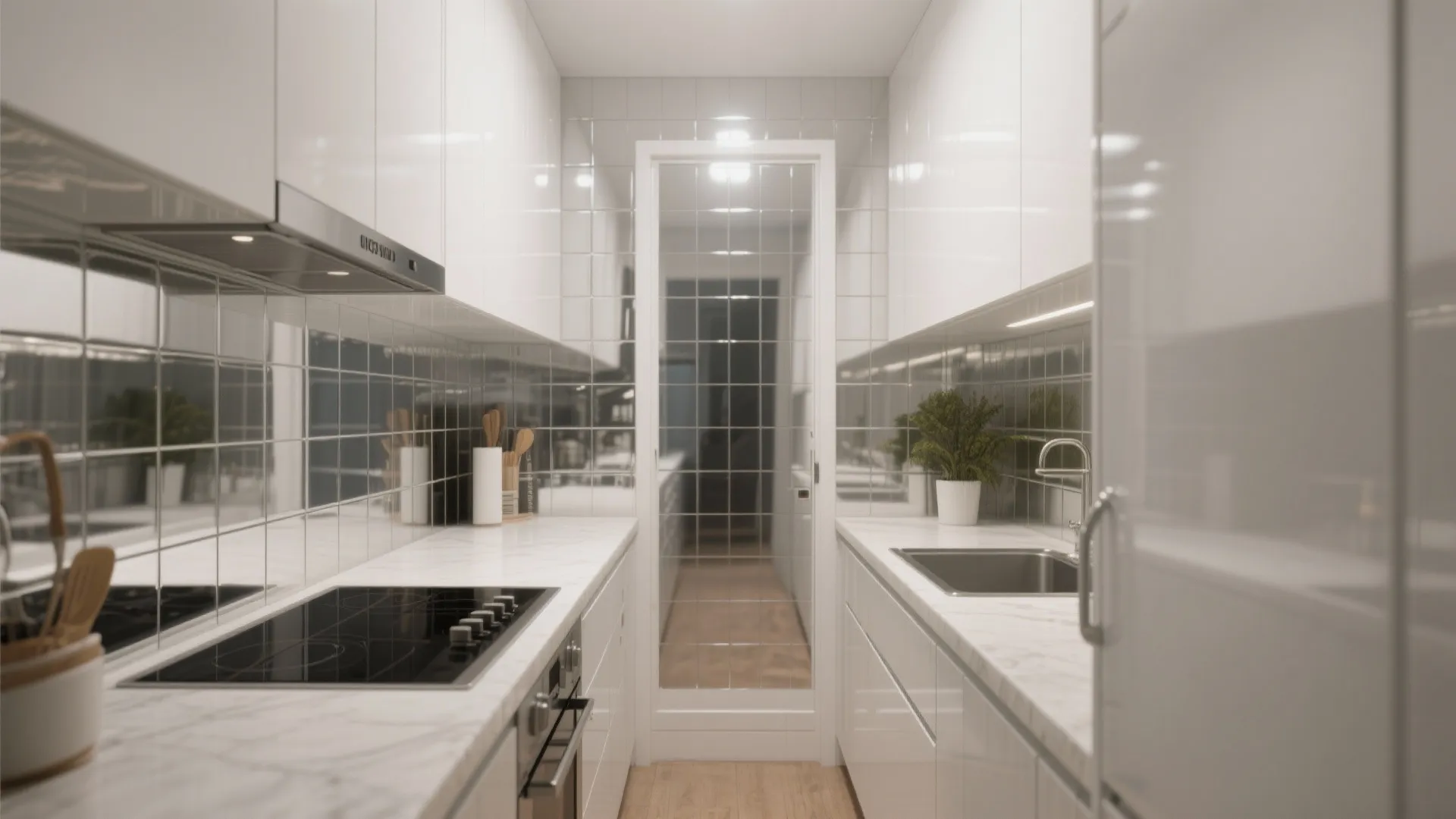 Galley kitchen with reflective mirror tile backsplash