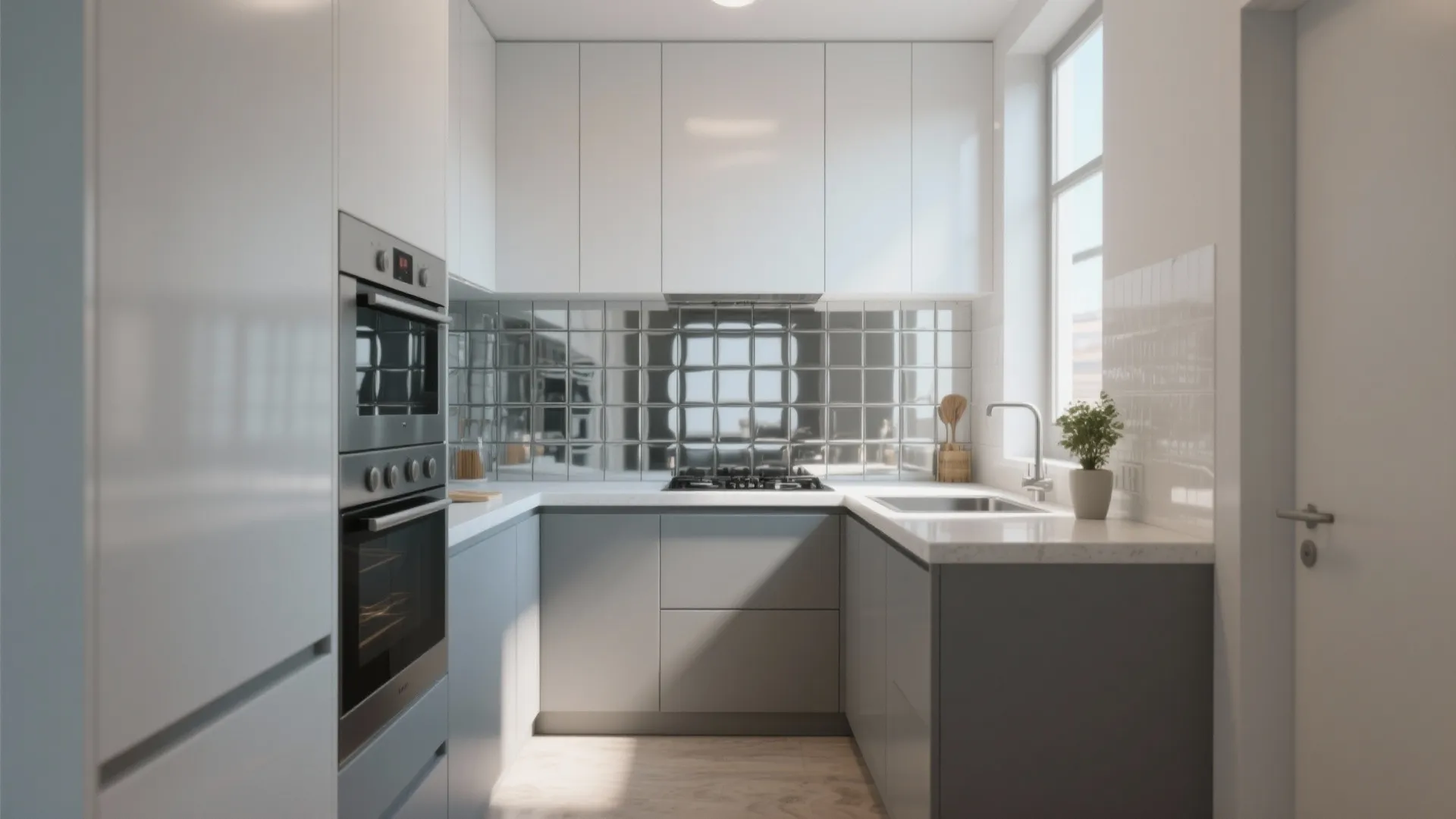 Small kitchen with mirrored tiles on the accent wall