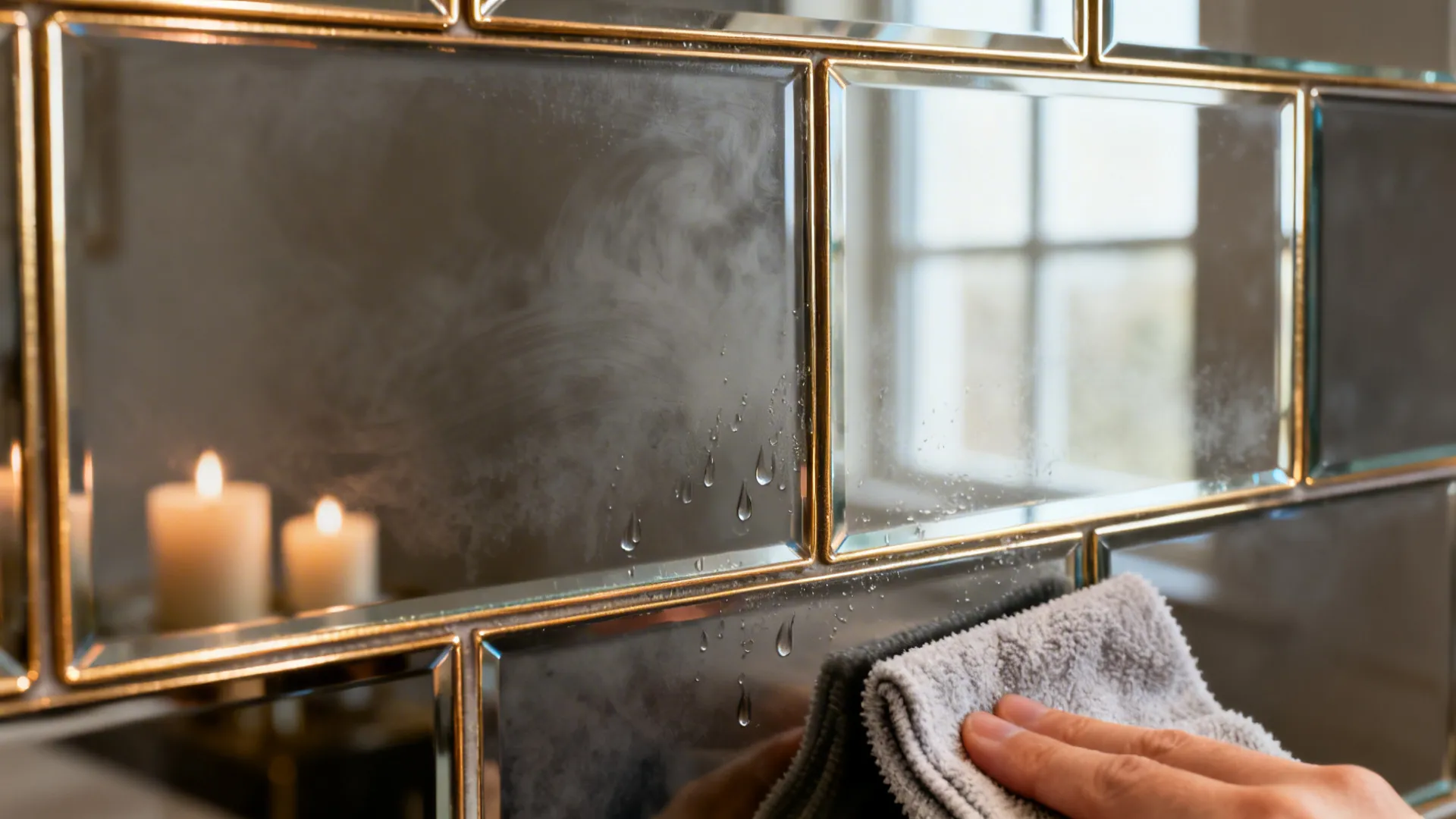 Close-up of smoke-tinted mirrored tiles with champagne trim reflecting soft light.