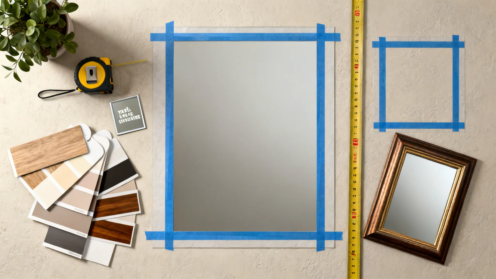 Flat lay of mirror installation tools with tape measure wood samples and blue painters tape