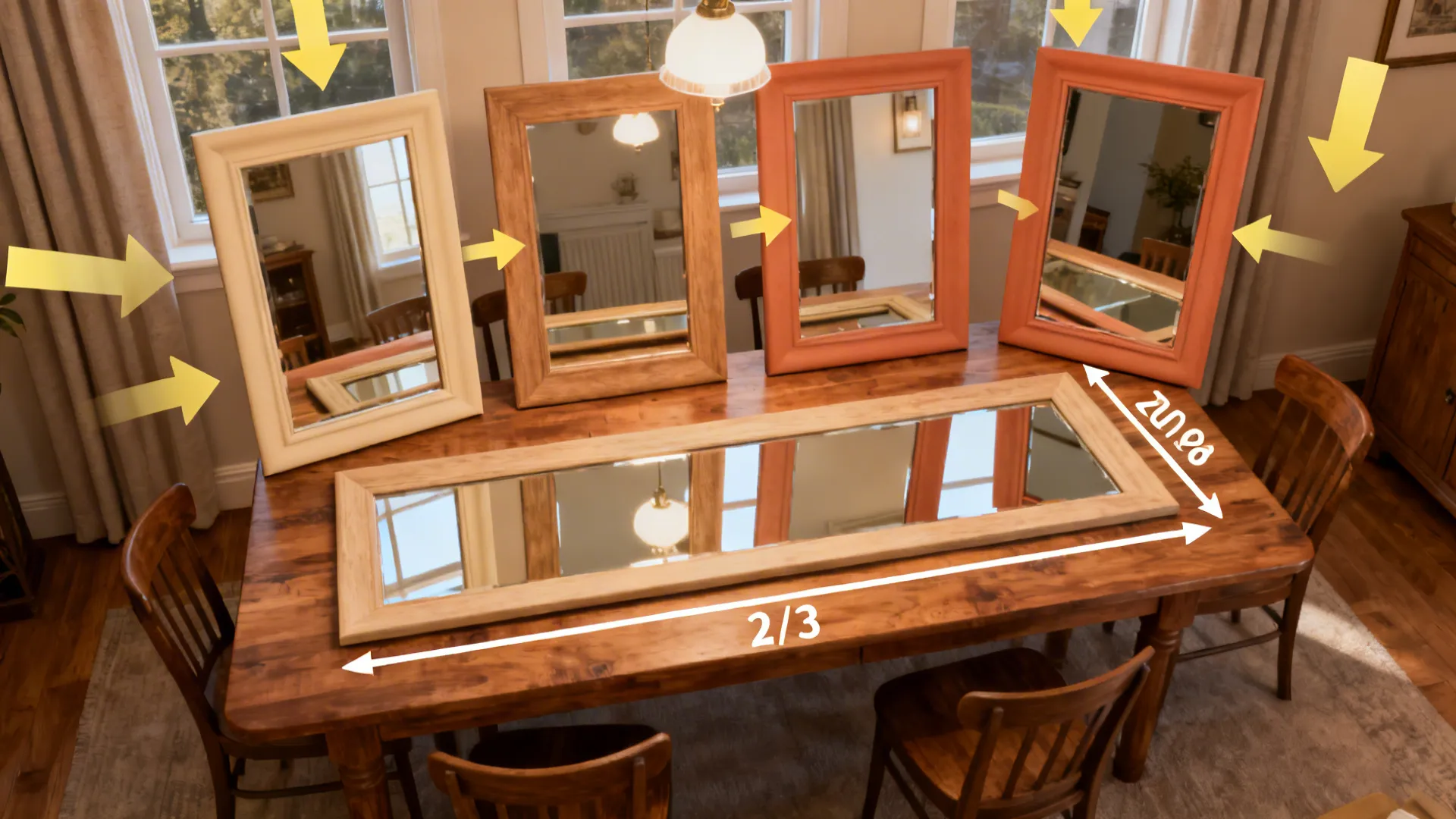 Top-down visualization showing mirror placement tips, measurements and warm frame samples for dining rooms.