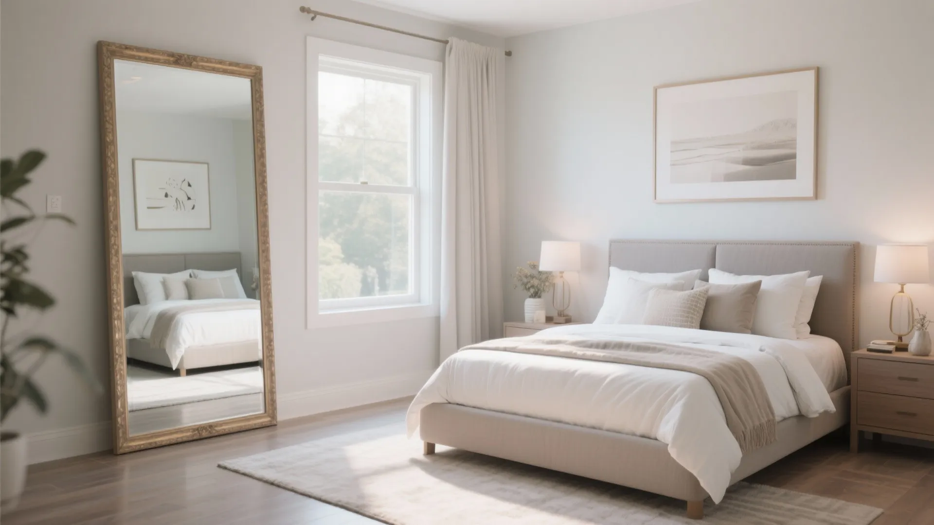 Bright bedroom with large floor mirror reflecting bed and light from window to enhance space