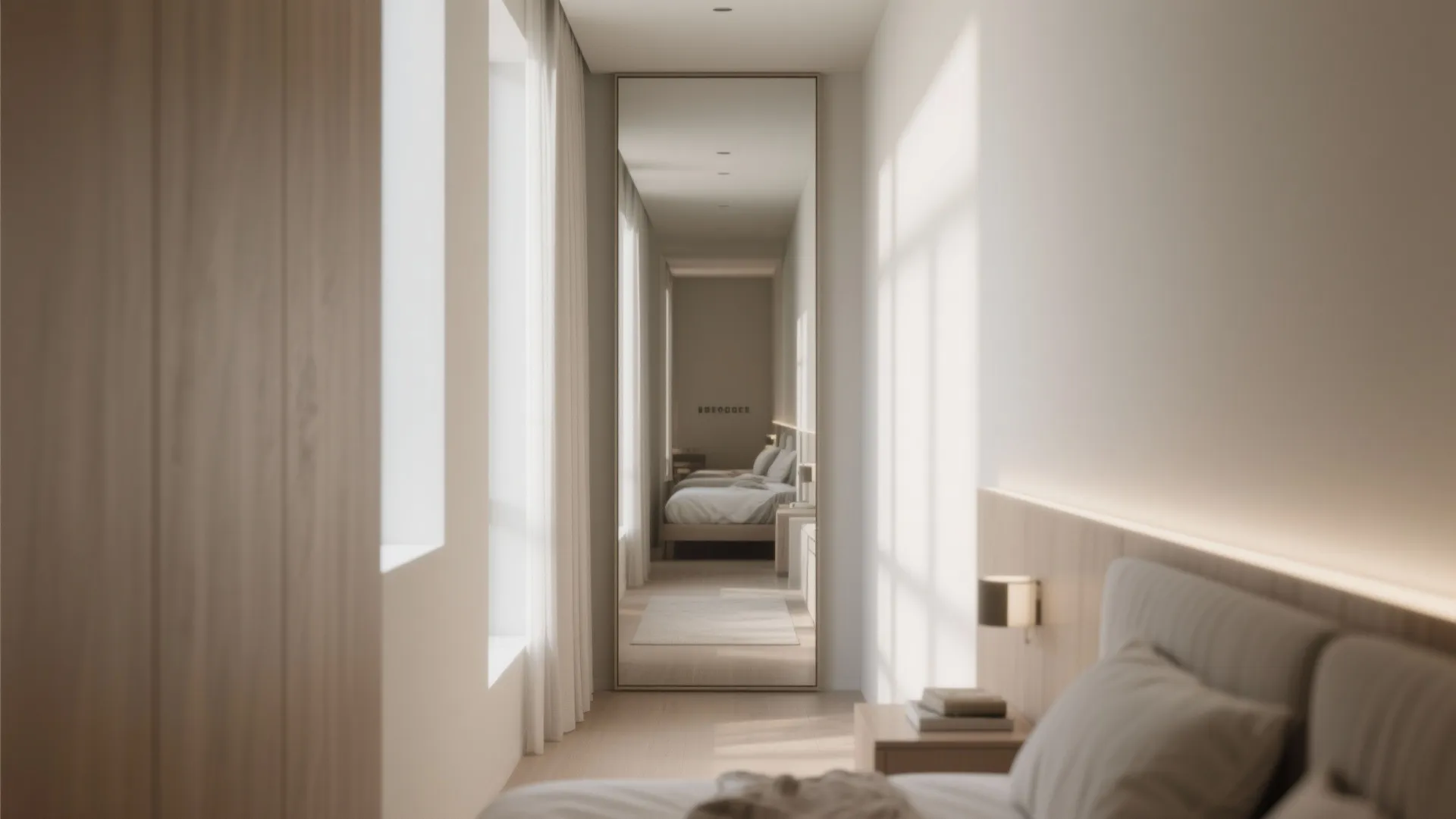 Minimalist bedroom with tall mirror reflecting a bed, white walls, wood panels, and natural light