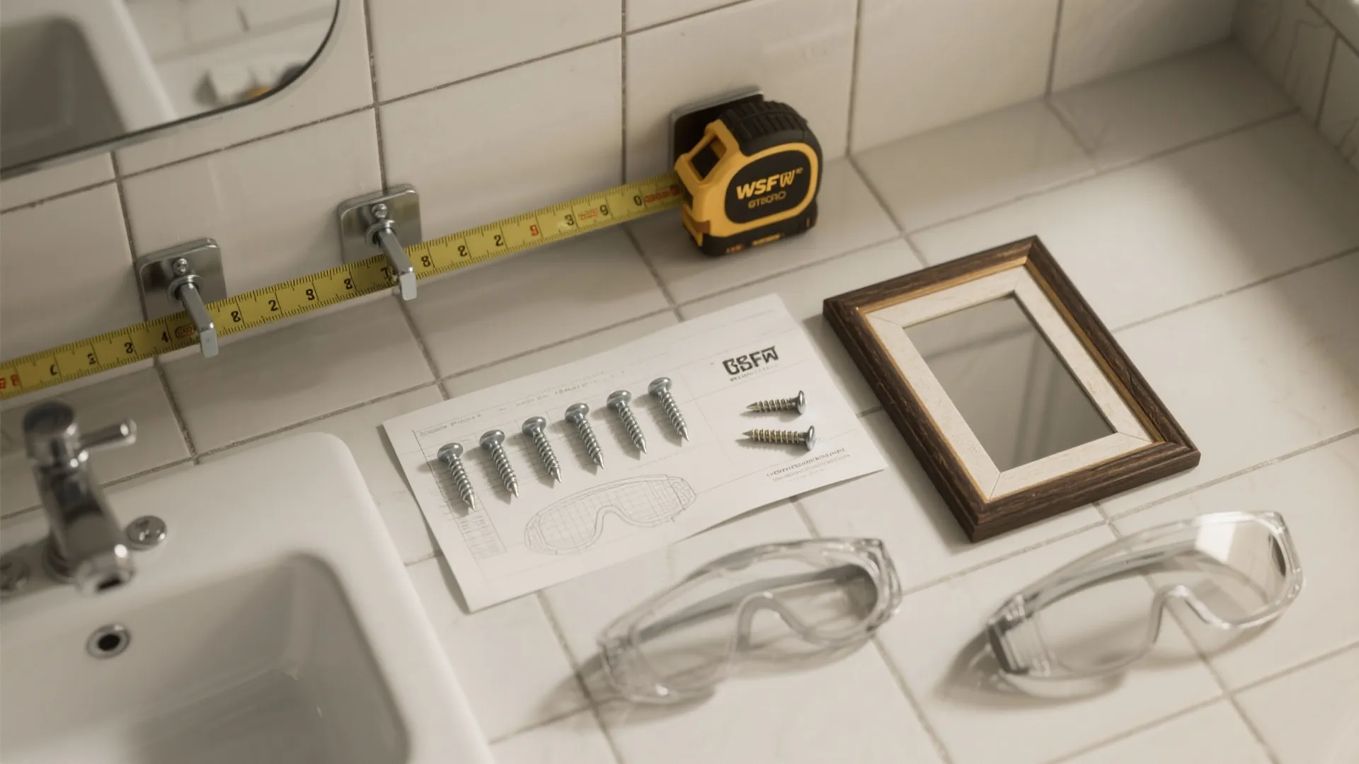 Measuring tape, screws on paper, safety glasses, and wooden frame on white tiled bathroom counter