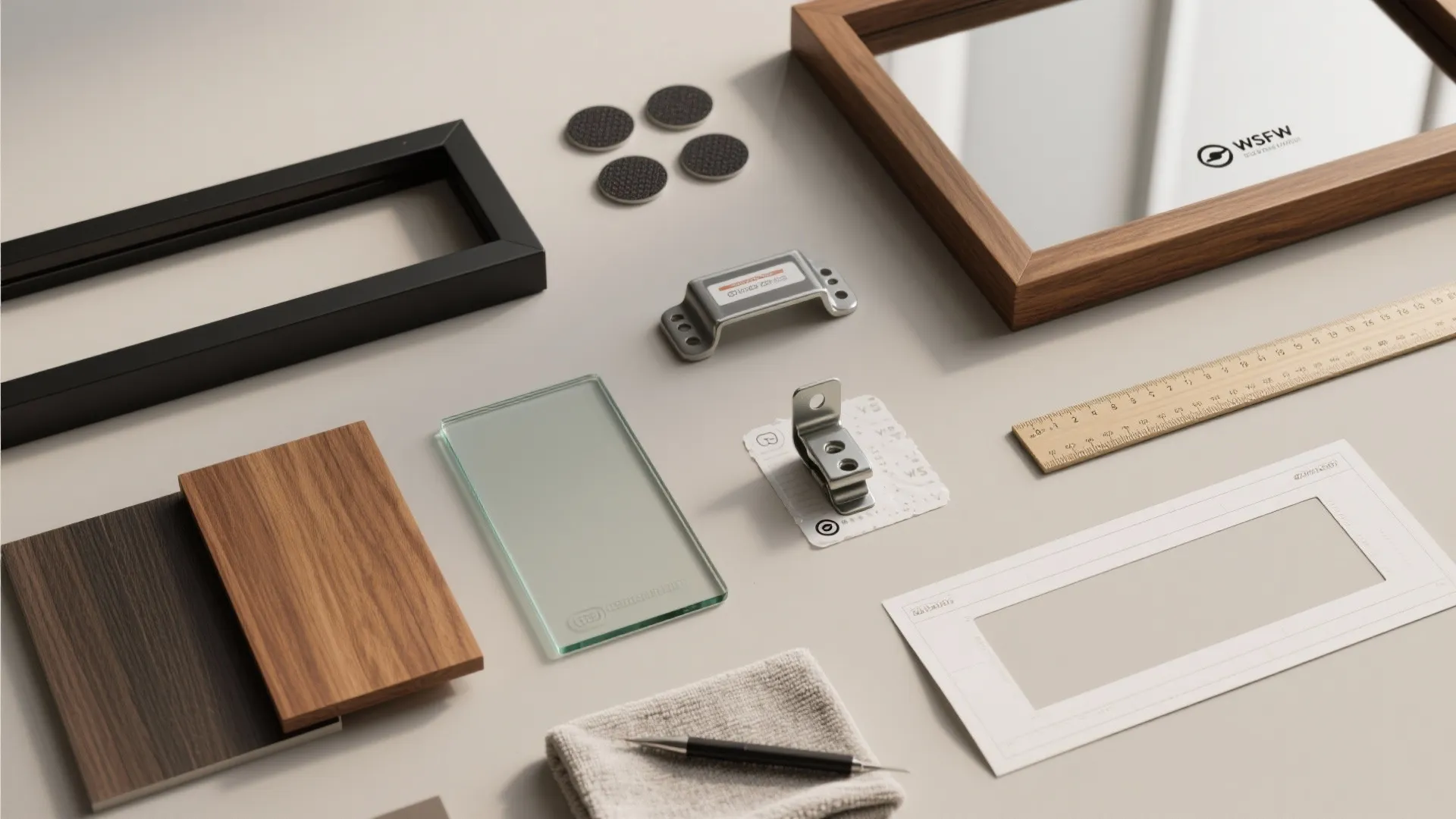 Flatlay of interior design tools with wood samples glass ruler brackets pencil and a mirror