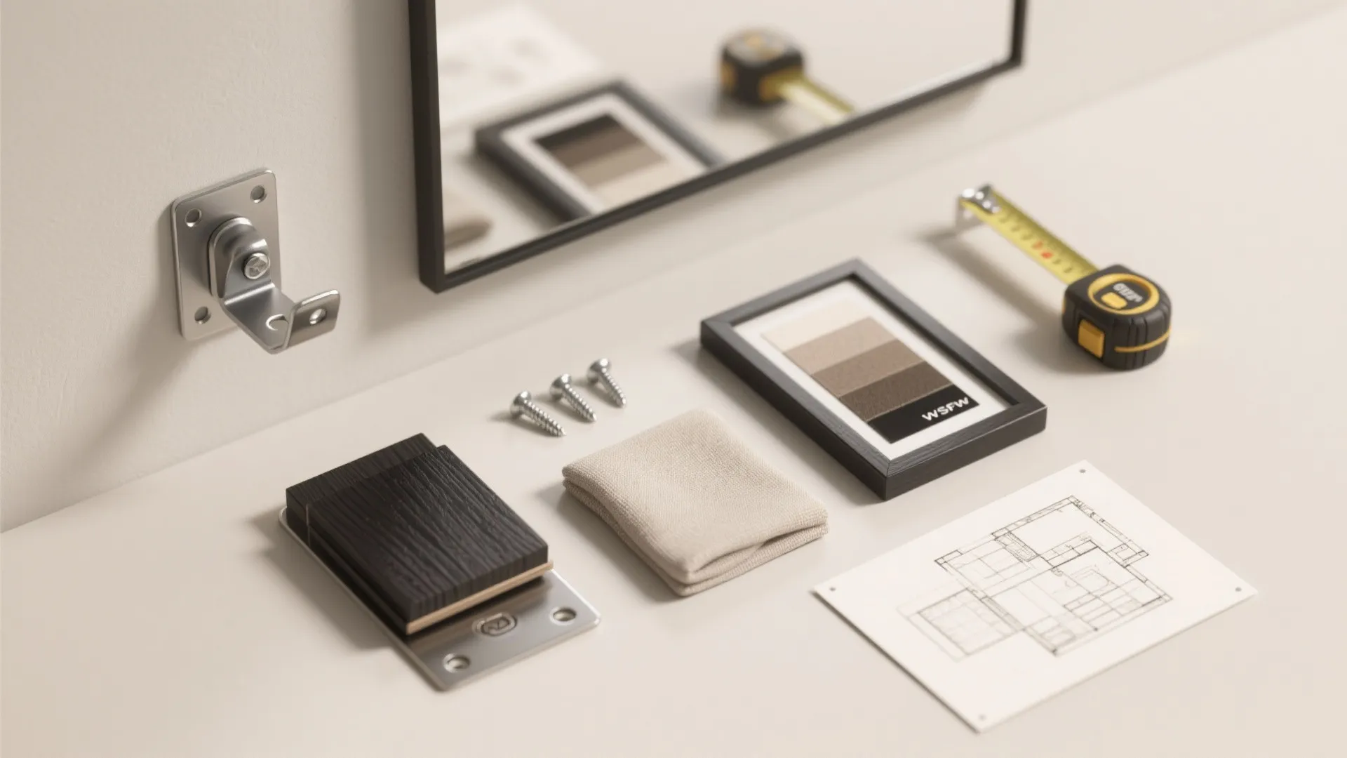 Flatlay of tools and swatches for planning mirror installation and mockups