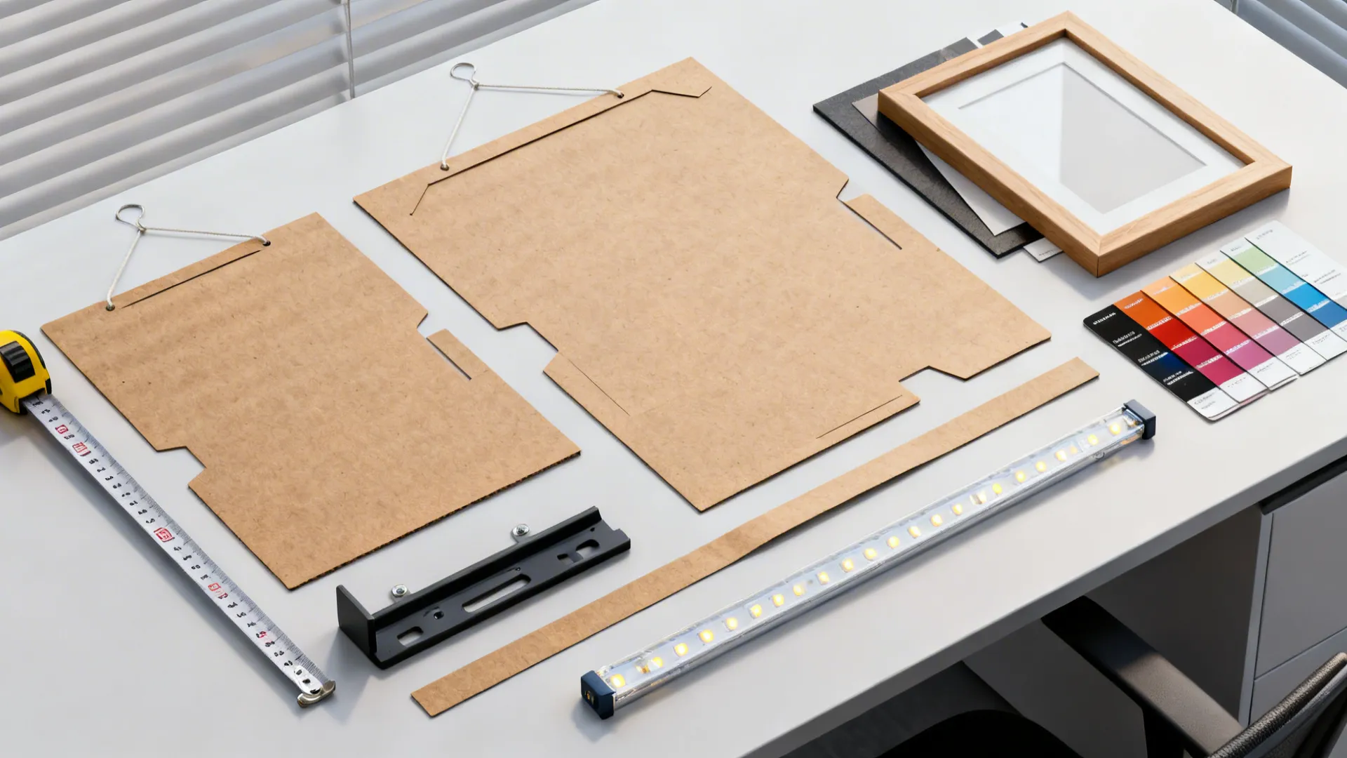 Flatlay of tools and materials for planning and installing mirrors, including templates and anti-tip kit.