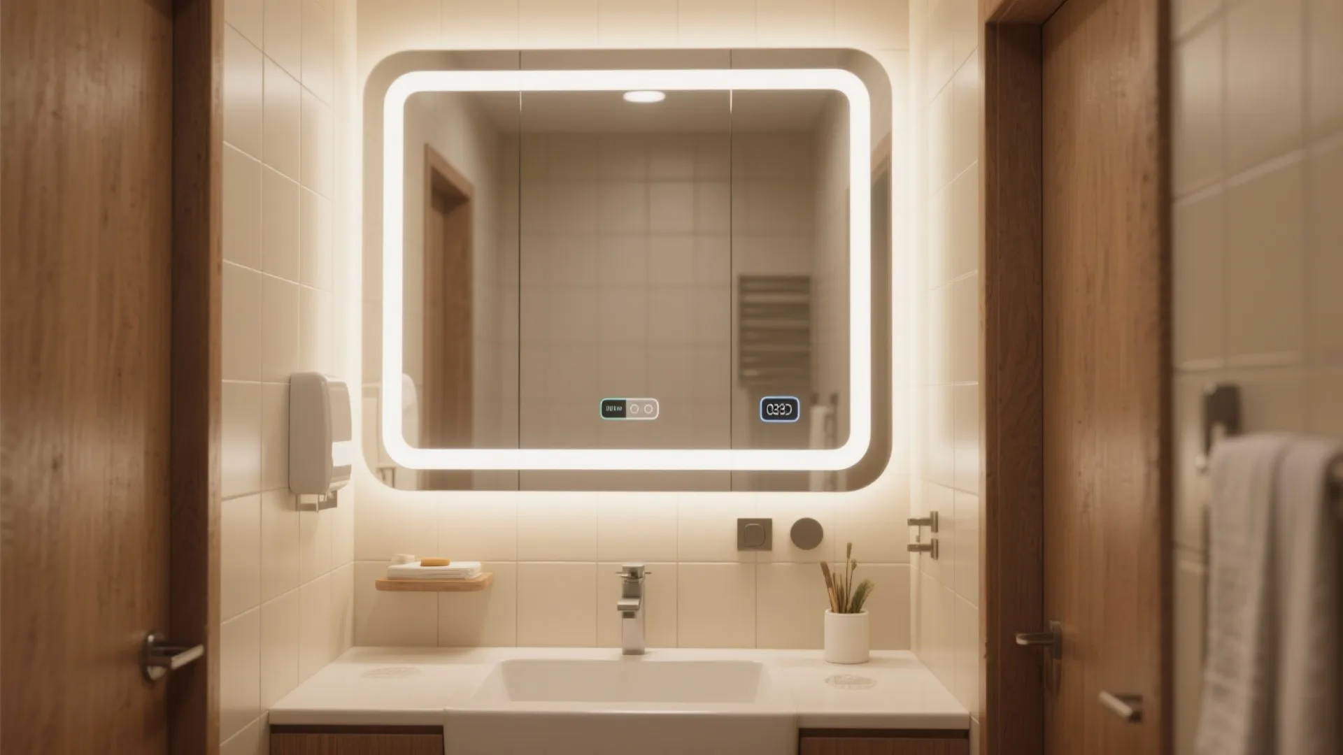 Bathroom vanity with a glowing led mirror white sink and warm lighting on tiled walls