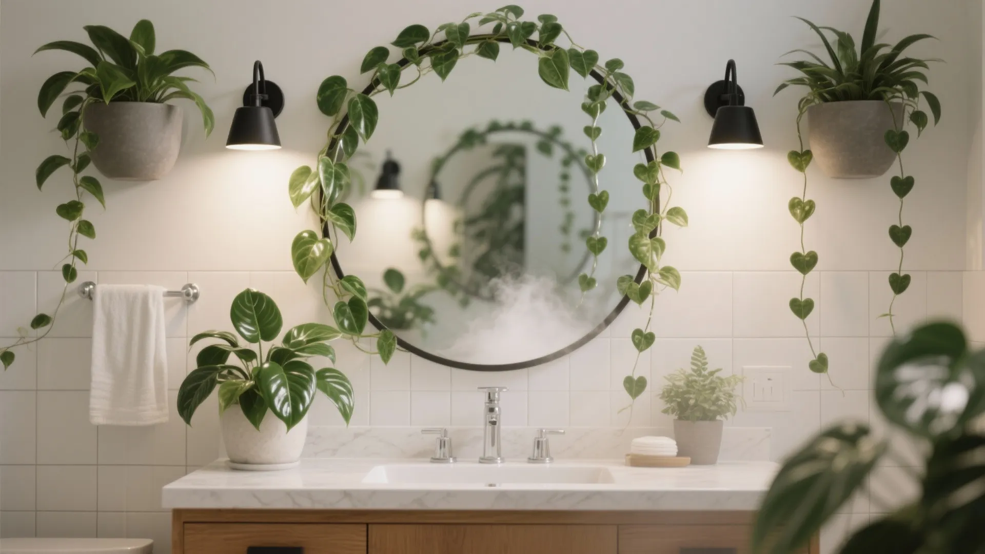 Round bathroom mirror with trailing pothos and string of hearts guided above it.