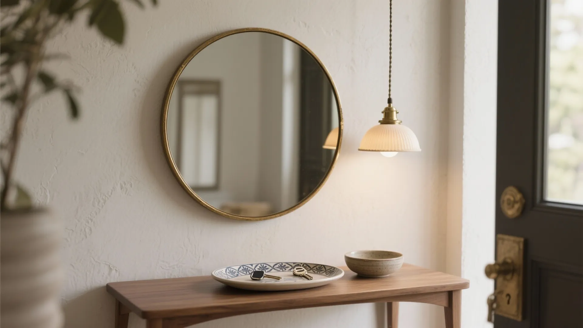 Round wall mirror above a wooden console table with keys in a ceramic tray and light