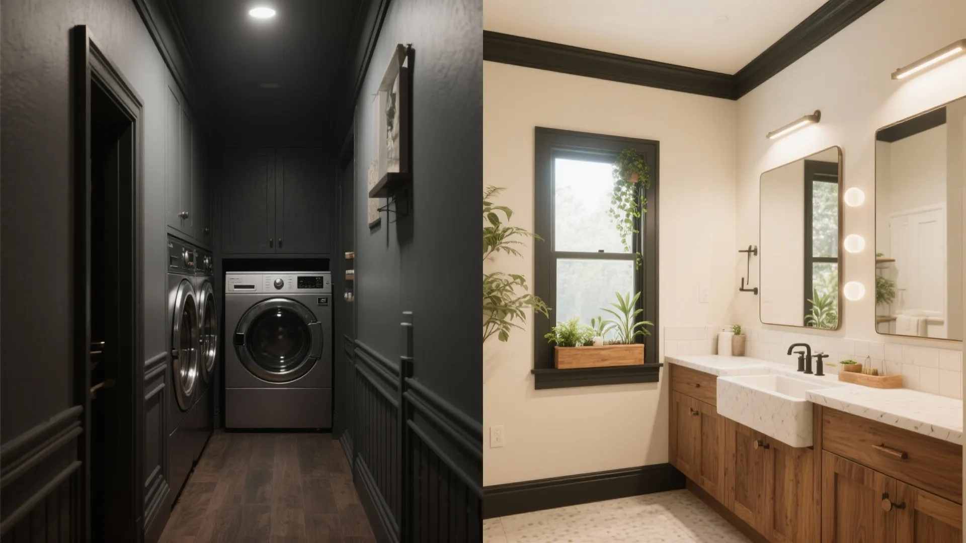 Before-and-after comparison showing a small laundry visually expanded with light paint, contrast trim, and a narrow mirror faux window with plants.