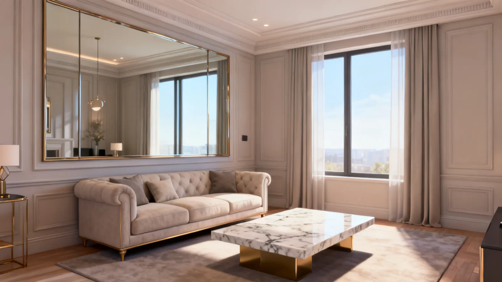 Small living room with large wall mirror reflecting window light