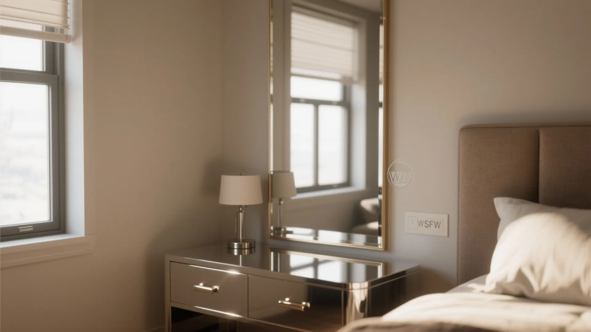 Small bedroom interior design showing mirror on wall next to bed and modern table lamp