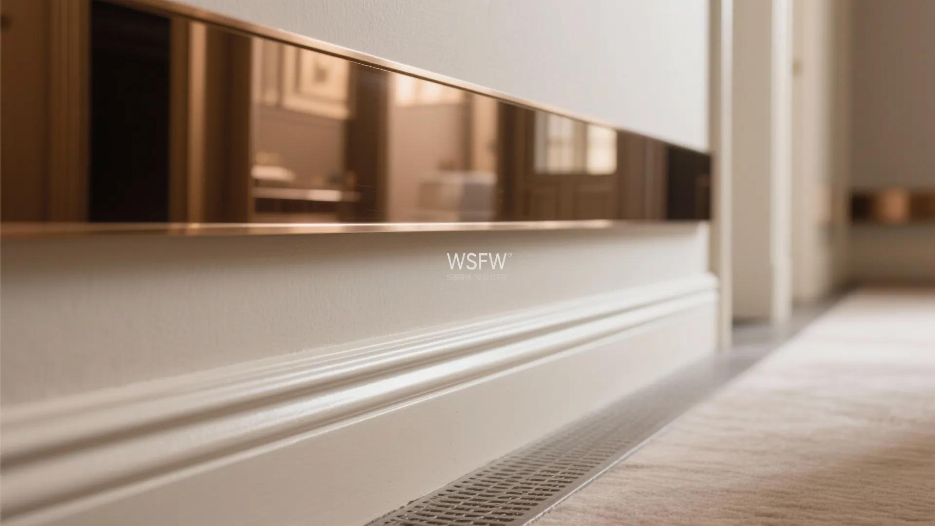 Close up of bronze metal wall trim detail above white floor baseboard in modern hallway