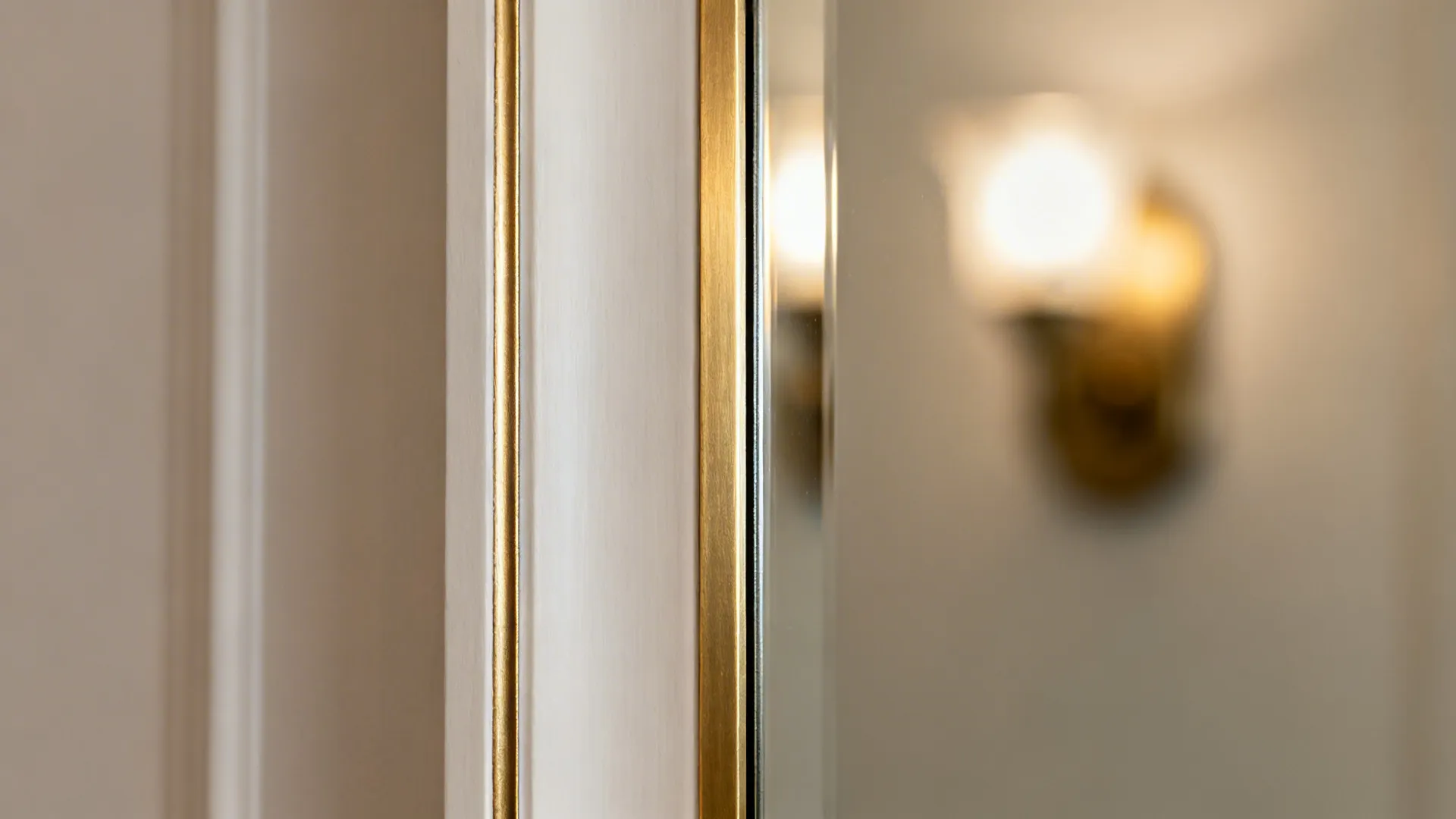 Macro detail of low-iron mirror on a column with slim brushed brass trim and clean seams.